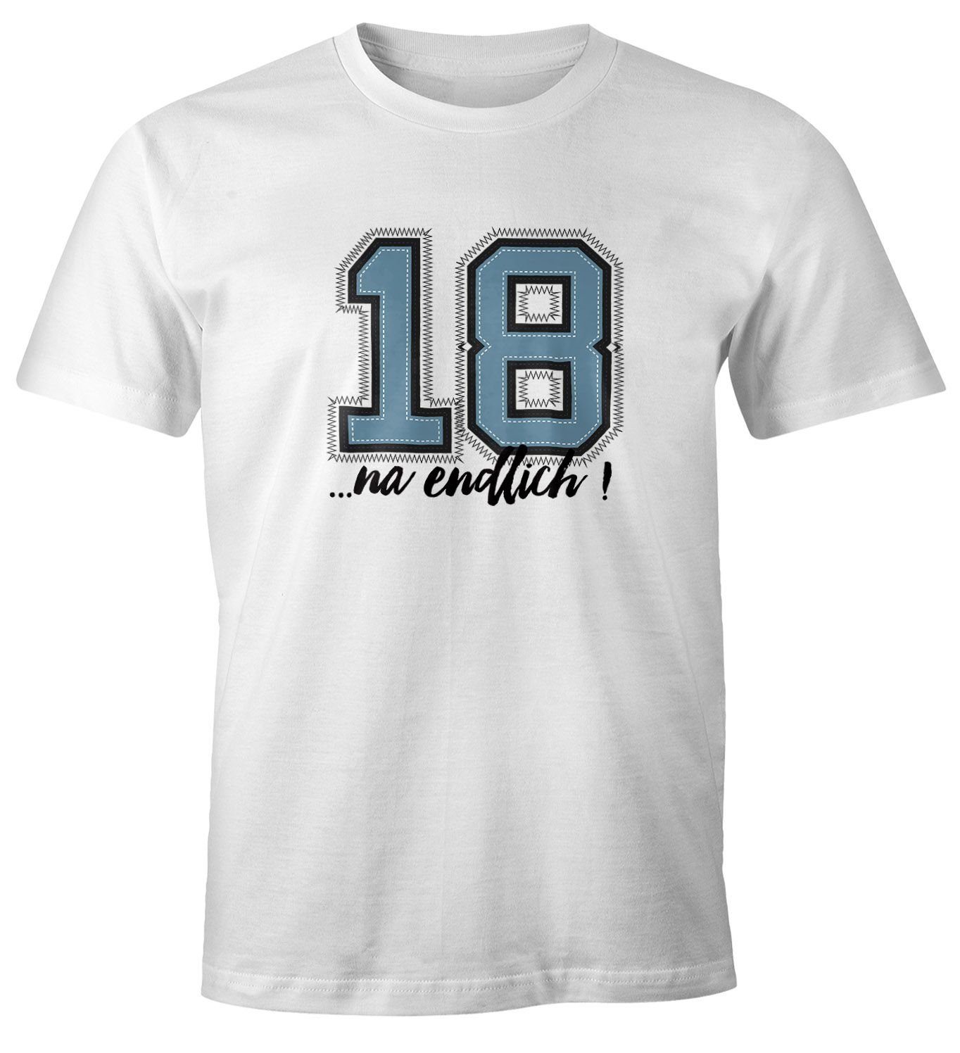 MoonWorks Print-Shirt College Herren Moonworks® endlich 18 Geschenk weiß T-Shirt Geburtstag Fun-Shirt Print Look mit