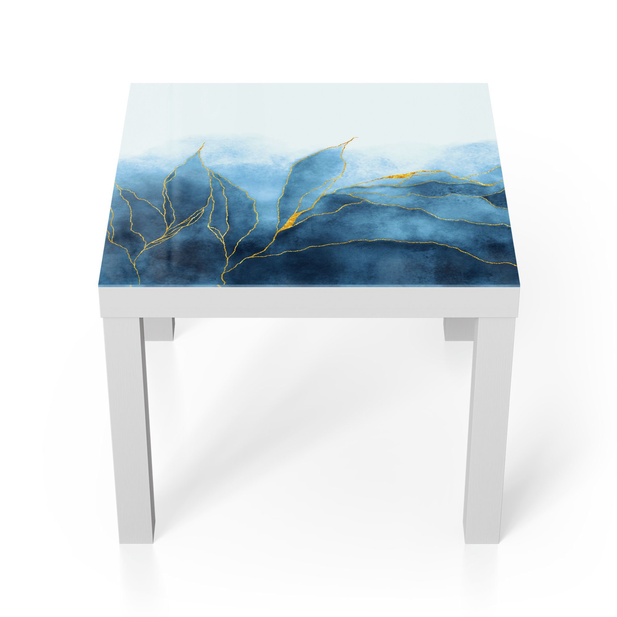 DEQORI Couchtisch 'Blauer Glastisch Beistelltisch Weiß modern Glas Wasserfarbverlauf'