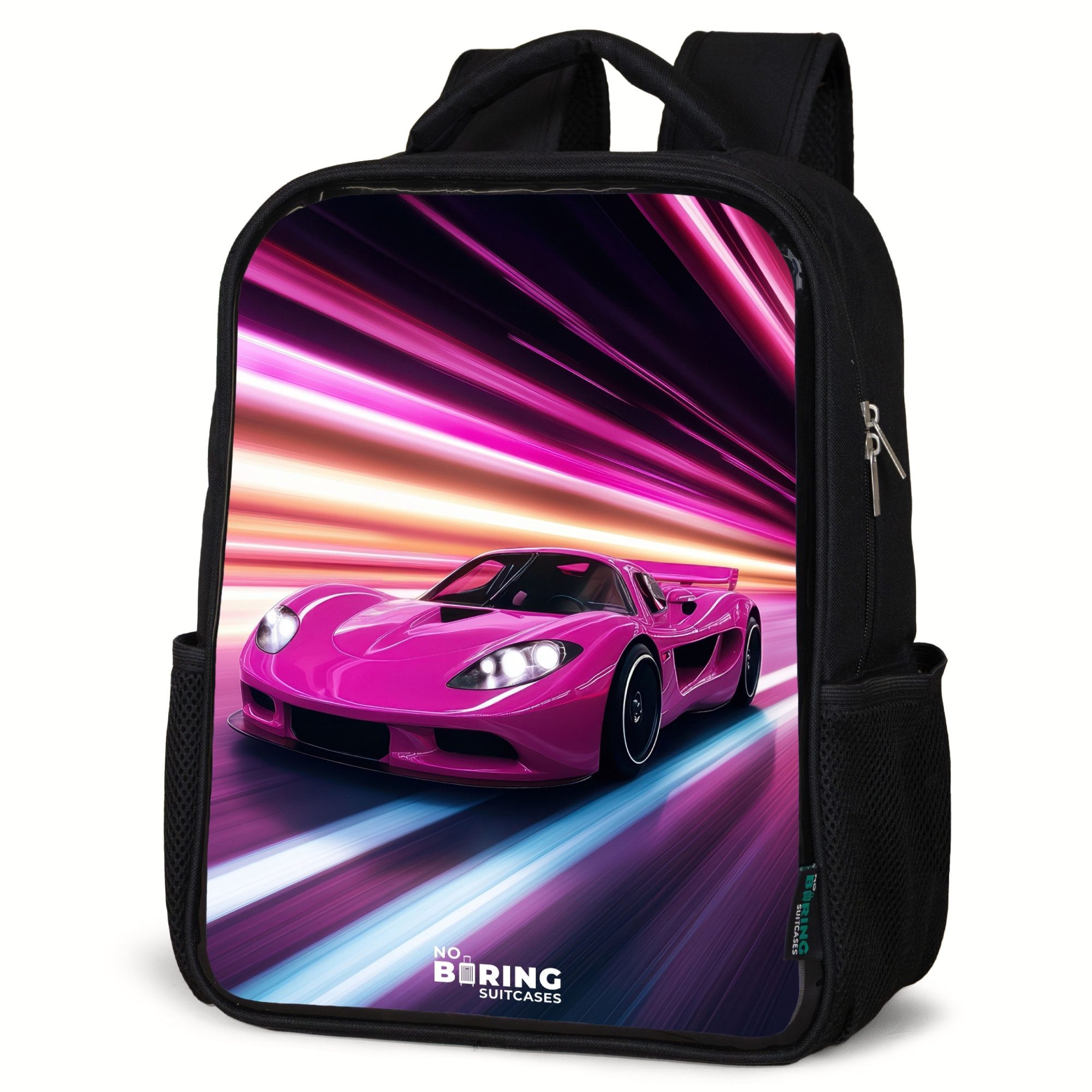 NoBoringSuitcases.com© Rucksack Rosa Rennwagen blinkt durch Neonlicht, Kinderrucksack Schwarz, Schulrucksack, Freizeitrucksack Jungen Mädchen