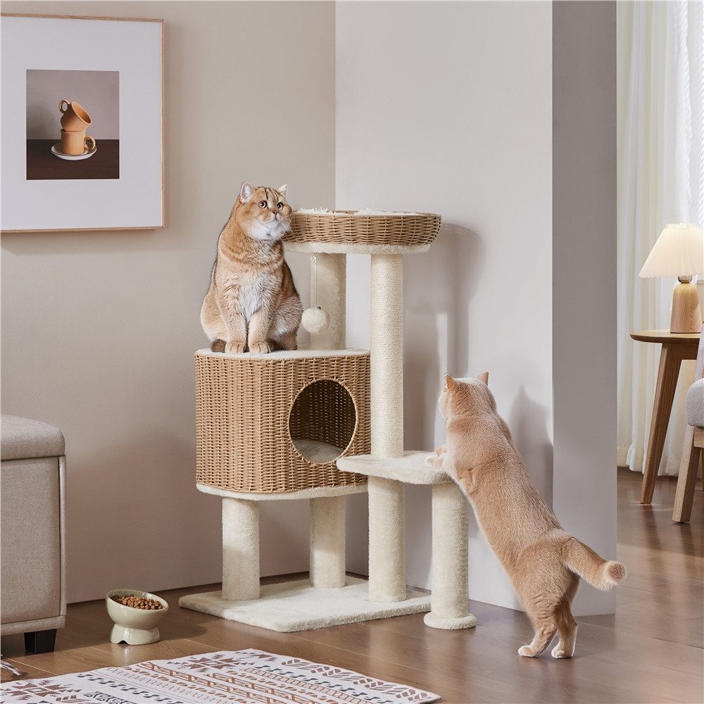 Yaheetech Kratzbaum 91 cm (H), Katzenbaum mit Liegeplatz & Katzenhaus & Plüschball, Rattan-Optik