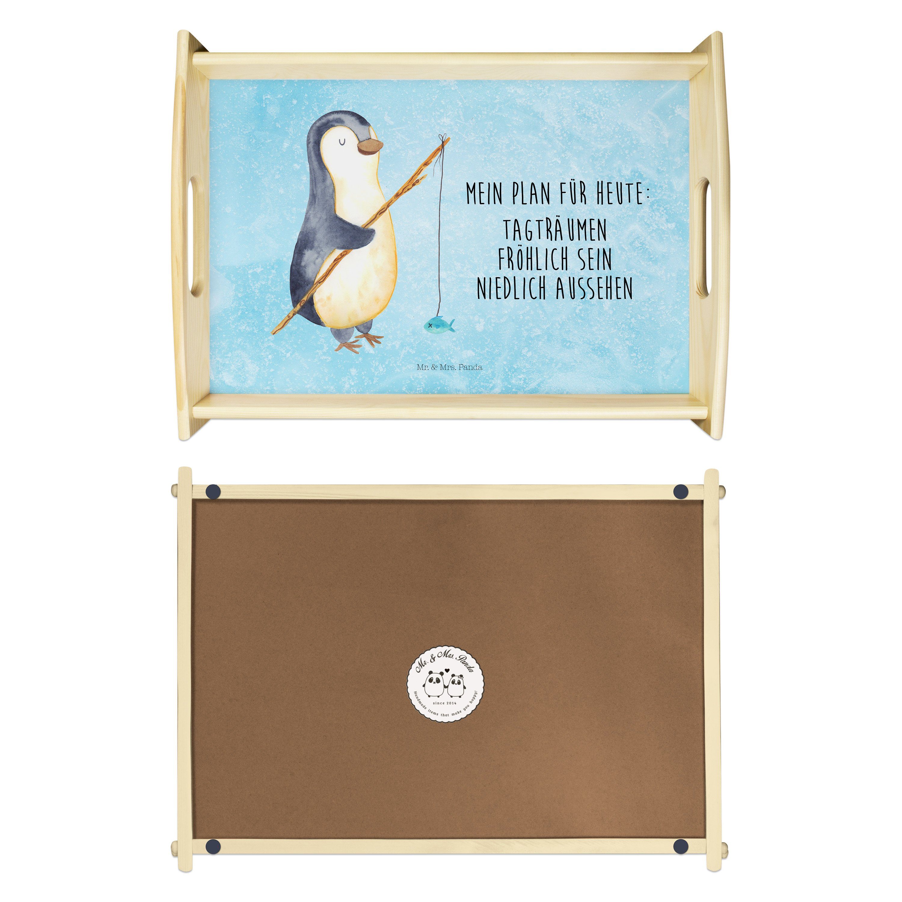 Mr. & Mrs. Panda Tablett Pinguin Angler - Eisblau - Geschenk, Urlaub, Angelurlaub, Dekotablett, Echtholz lasiert, (1-tlg)