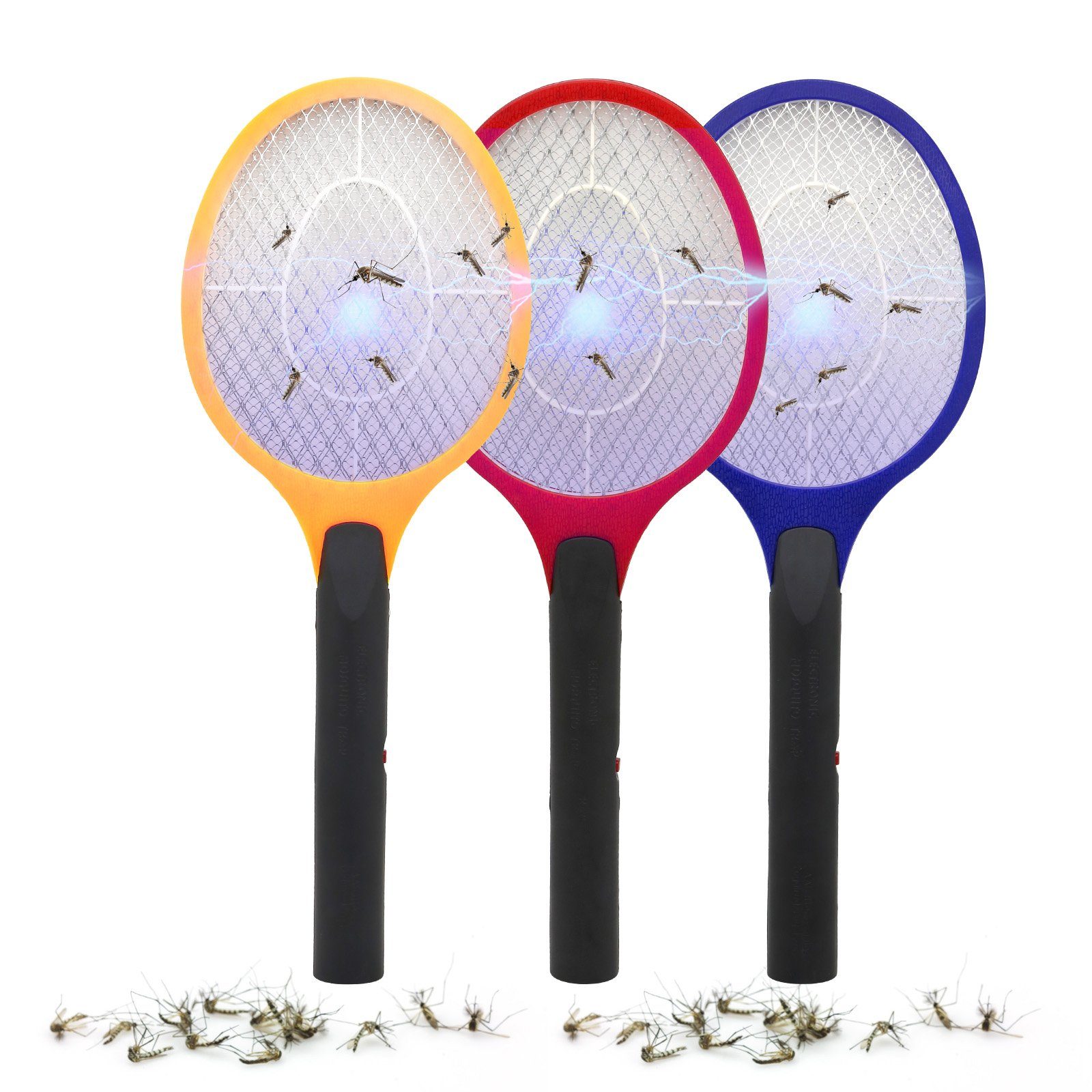 Clanmacy Fliegenwedler 3X Elektrische Fliegenklatsche Insektenvernichter  Mücken Fliegenfänger, 3 Set, Doppelseitig, Extra Stark, Kindergesichert,  Leise, Multifunktional
