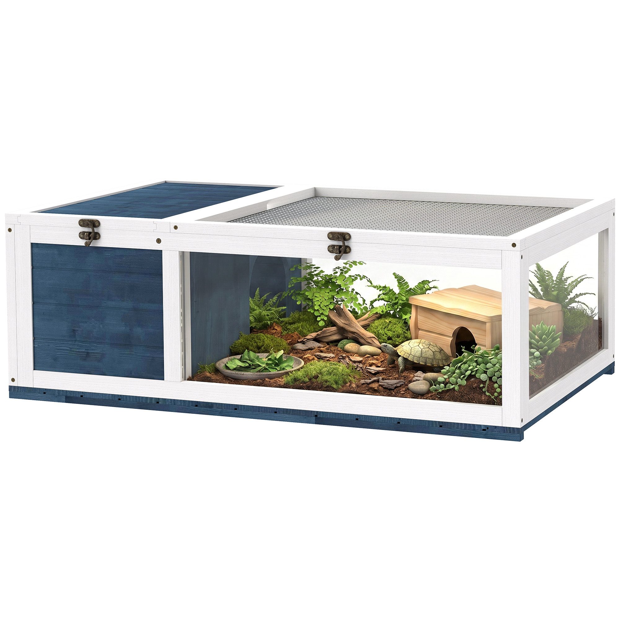 PawHut Kleintierstall Schildkrötenhaus Holz, aufklappbare Oberseite, Reptilienkäfig, für Schildkröten Reptilien Eidechsen Schlangen 91x60,5x32 cm, Blau