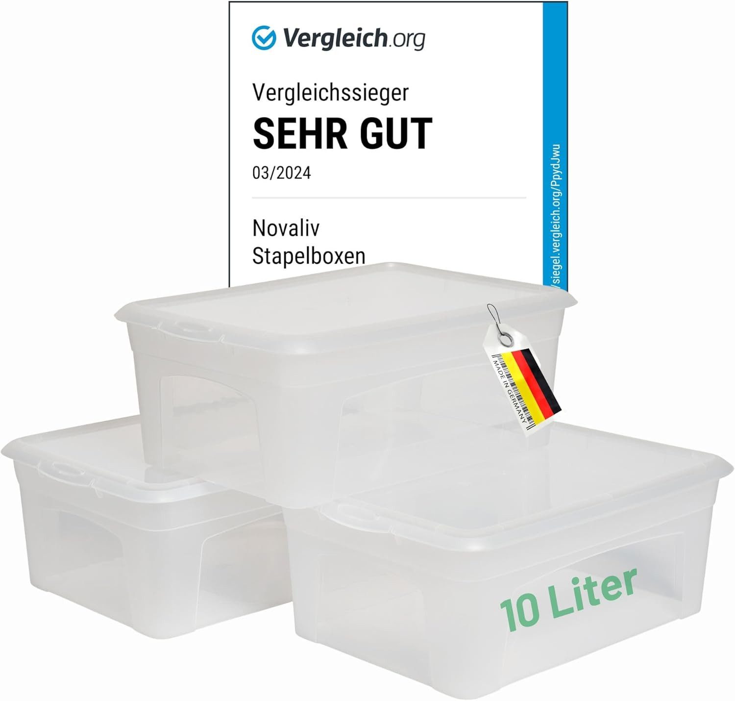 Novaliv Aufbewahrungsbox 362103-3xStuck, 3x Aufbewahrungsboxen mit Deckel 10L transparente Boxen stapelbare Nes