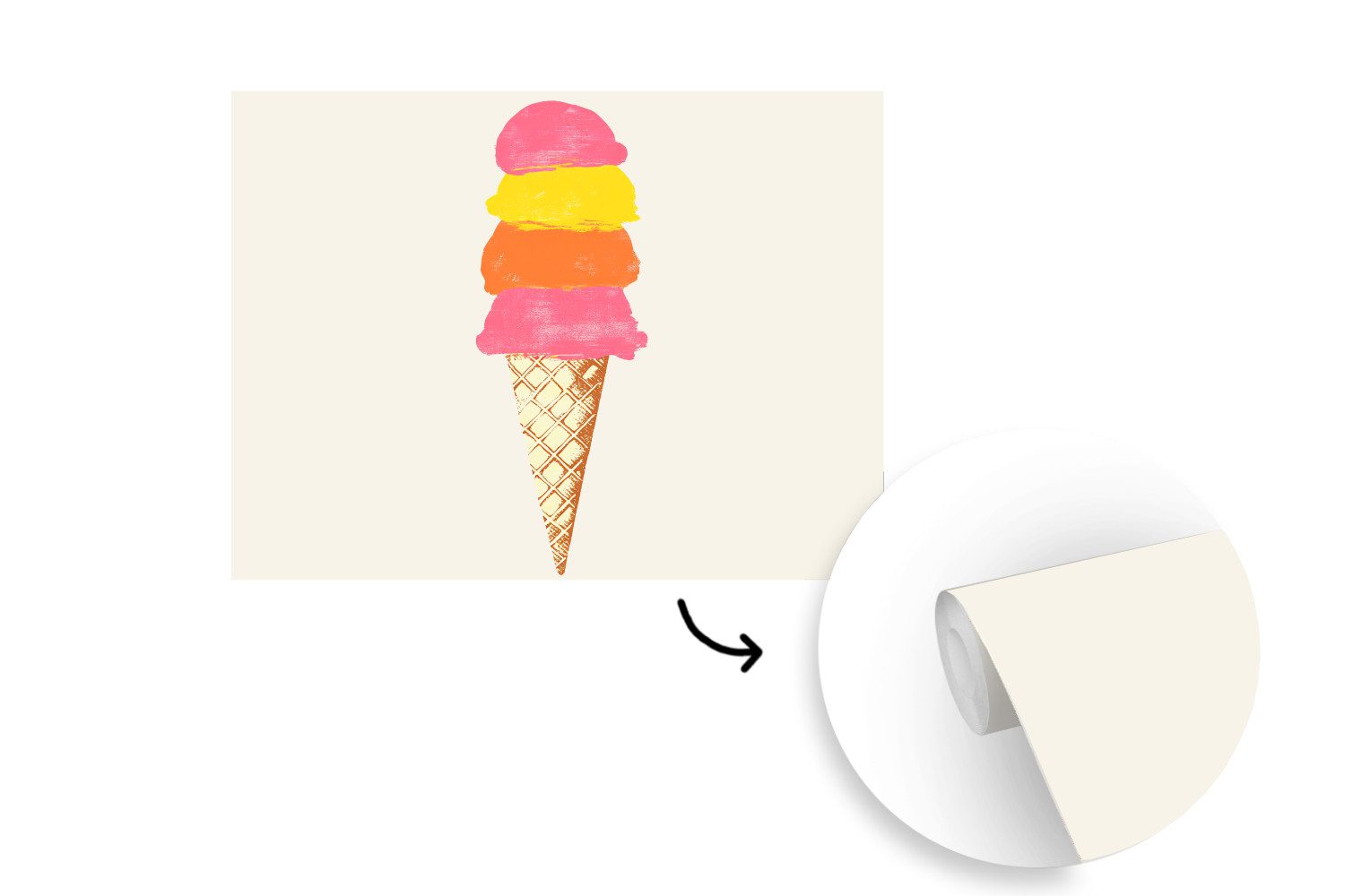 MuchoWow Fototapete Schaufel Eiscreme - Hörner - Illustration - Minimalistisch, Matt, bedruckt, Montagefertig Vinyl Tapete, Wandtapete, 275x220 cm