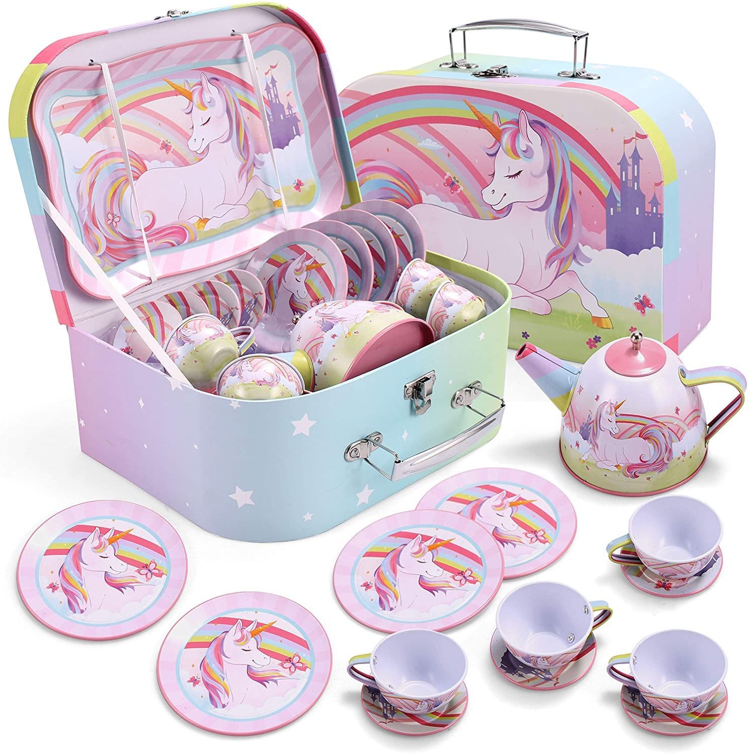 JOYIN Kinder-Küchenset JOYIN 15-teiliges Einhorn Wackelkäfer Teeservice Tin Teekanne Set