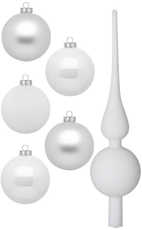 MAGIC by Inge Weihnachtsbaumkugel Just White, Weihnachtsdeko, Christbaumschmuck (46 St), Christbaumkugeln aus Glas, 45 Kugeln Ø ca. 4-6 cm, inkl. Spitze 28 cm