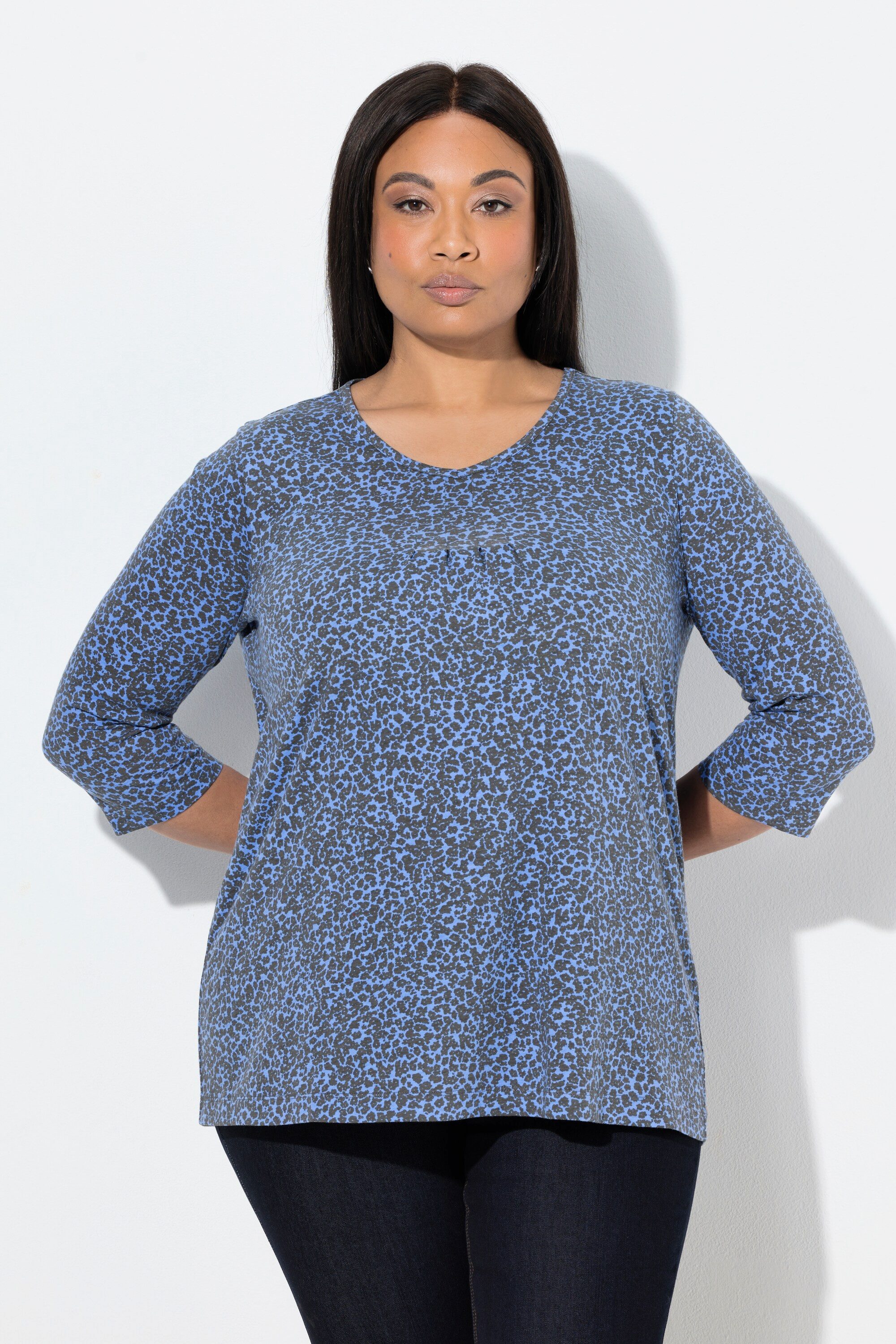 T-Shirt Shirt Zierfalten A-Linie V-Ausschnitt 3/4-Arm