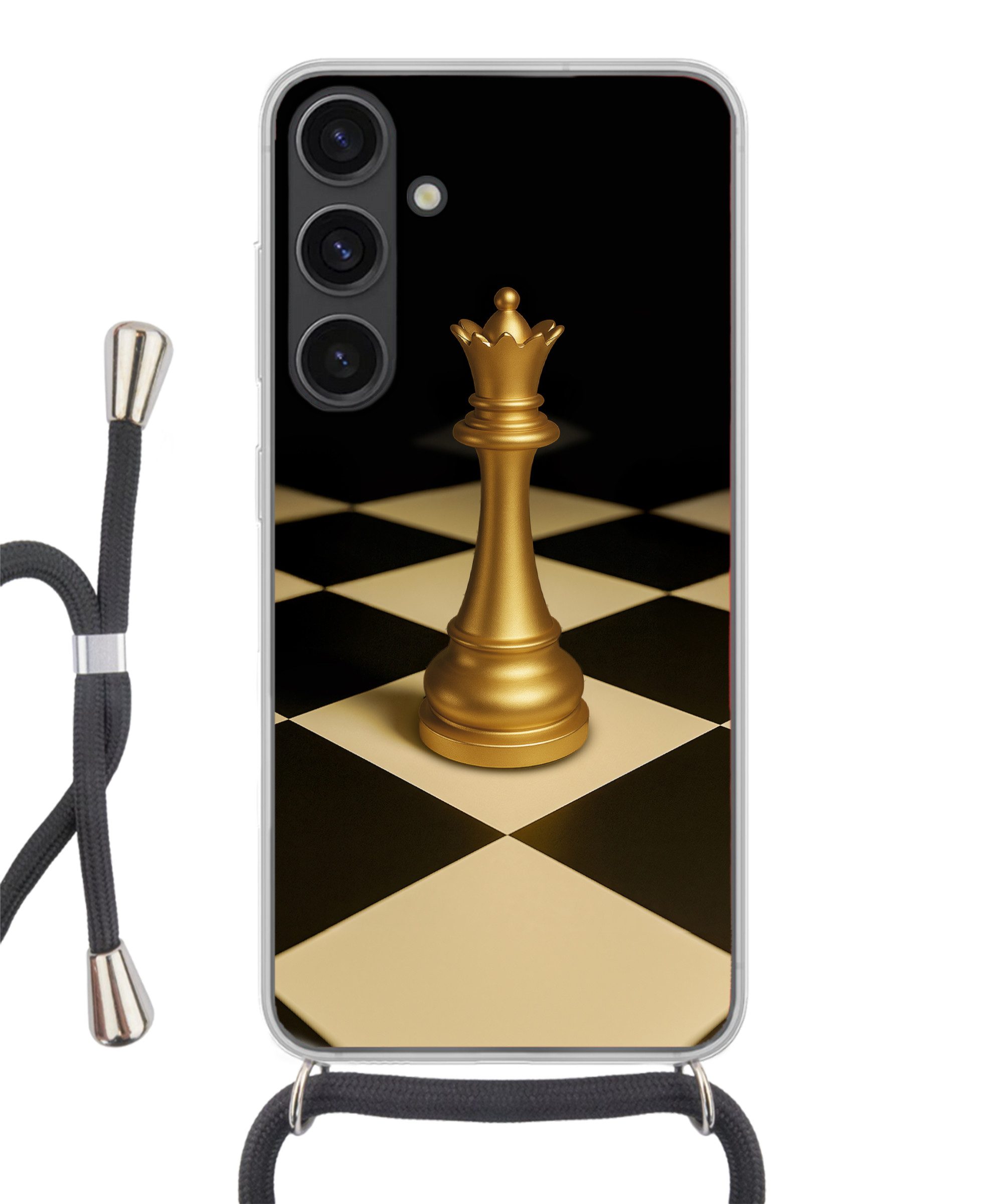 MuchoWow Handyhülle für Samsung Galaxy S24 Plus Dame - Schachfigur - Blockiert - Gold, Tragbare Handyhüllen mit Kette zum umhängen, Handykette Handyband