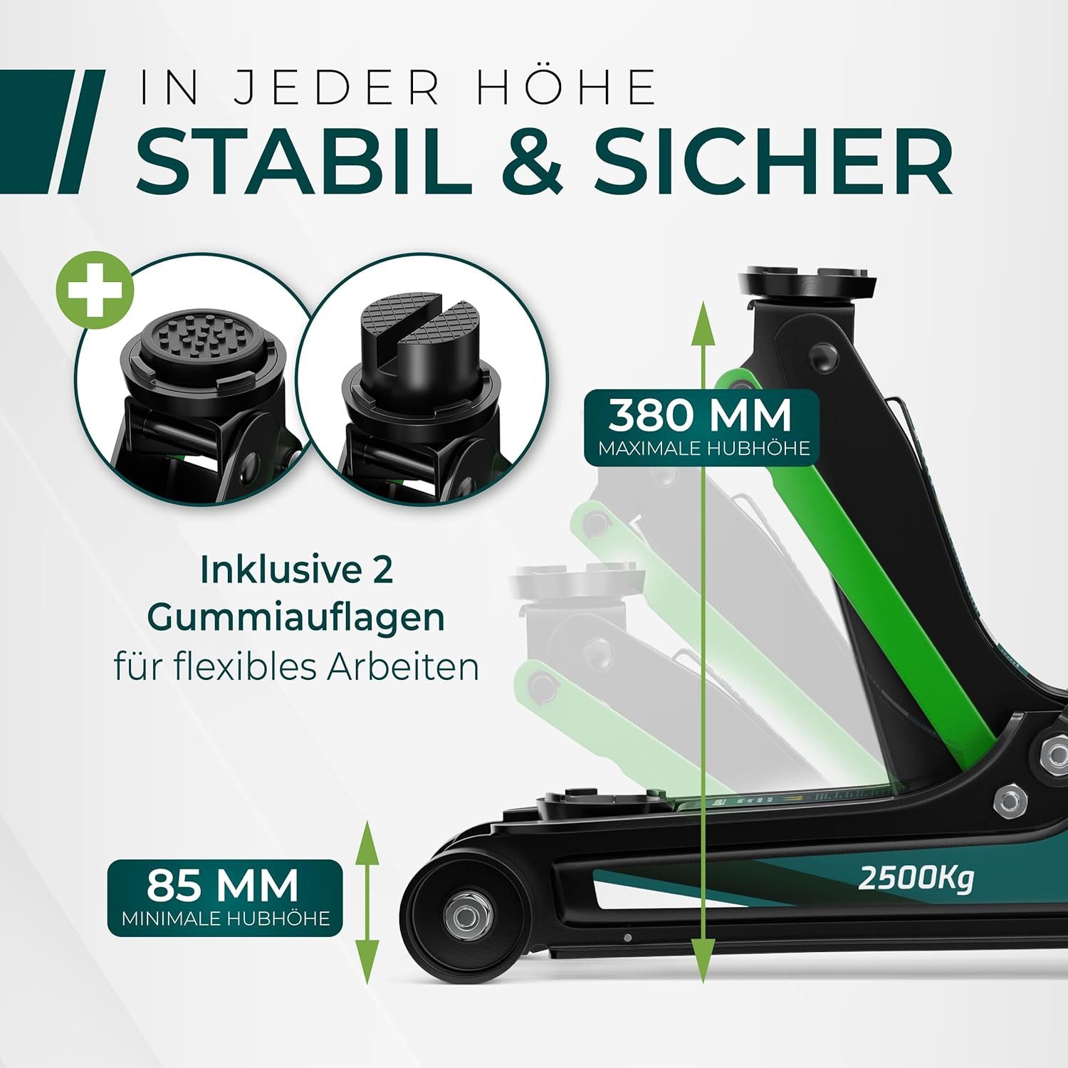 CargoVA® Hydraulic Trolley Jack 2.5T incl. 2 Rubber Pads, TÜV Certified, Max. Lifting Height: 38 cm, Jack Set, Jack Set incl. Rubber Pads, up to 2.5t; TÜV & GS Tested
