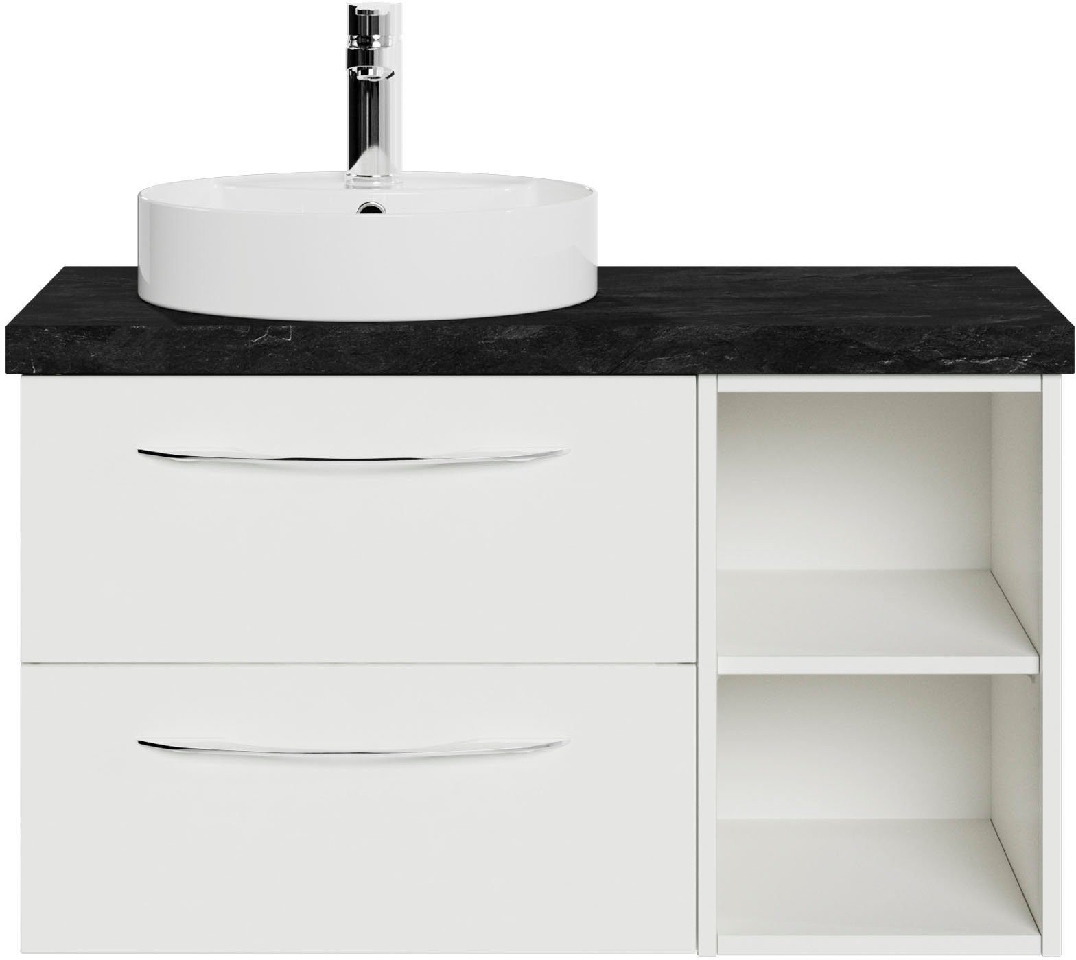 Saphir Waschtisch Serie 4035 Keramik-Aufsatzbecken mit Unterschrank, 88 cm breit, Waschplatz mit 2 Schubladen, Regalfächer, Griffe in Chrom Glanz
