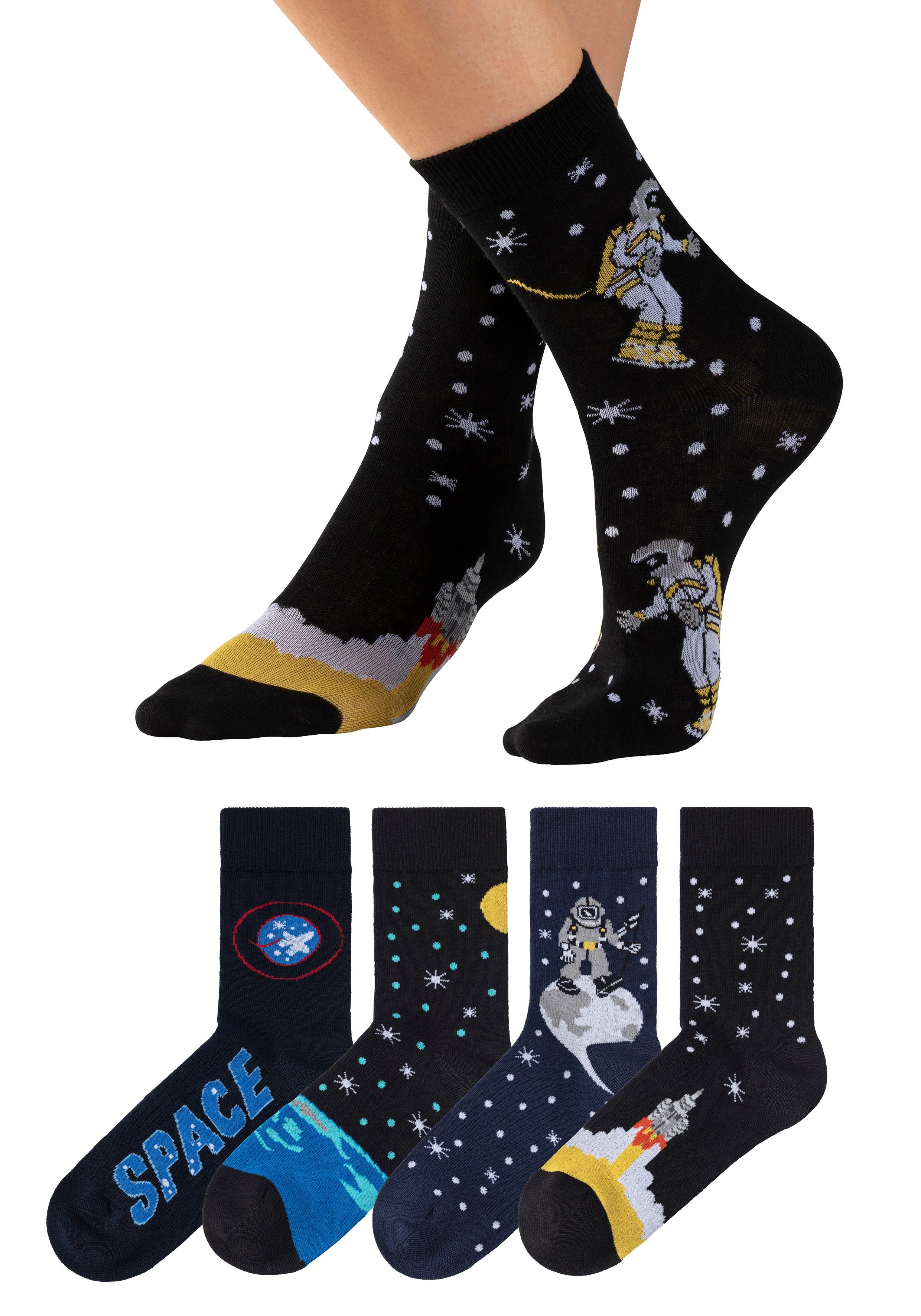 H.I.S Socken Kinder und Jugendliche Astronautensocken (Packung, 4-Paar, 27-30 bis 39-42) mit eingestrickten Weltraummotiven – Bild 2 von 5
