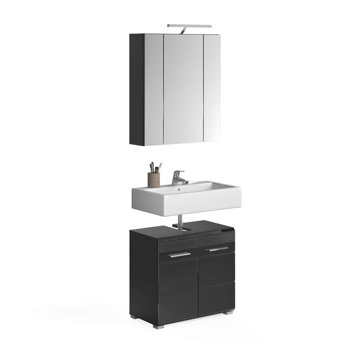 möbelvita Badezimmer-Set Luca Badkombination inkl. Beleuchtung B/H/T 60x182x34 in schwarz, (1x Waschbeckenunterschrank, 1x Spiegelschrank, 1x Badaufsatzleuchte)