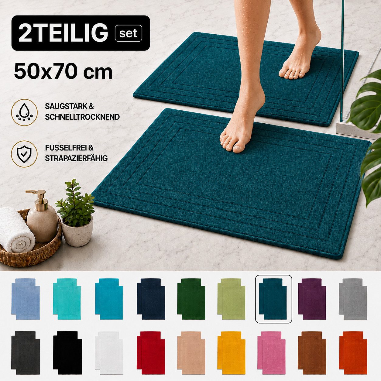 Komfortec Badematte 2er Badetuch Set aus 100% Baumwolle 50x70 cm Extra Weich & Saugstark, Rechteckig, 600 g/m² – Bild 5 von 5