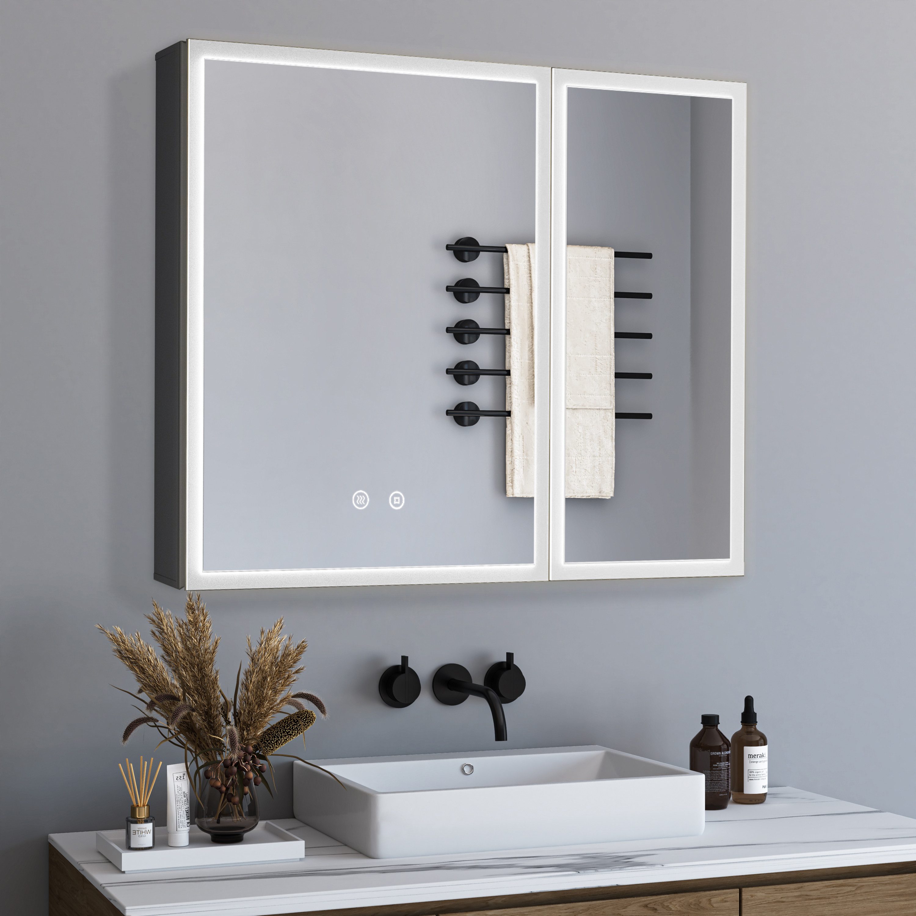 WDWRITTI Spiegelschrank Schwarz mit beleuchtung 3Lichtmodi Dimmbar Kalt/Neutral/Warmweiß (Badezimmerspiegelschrank mit LED, 2 türen 80x60cm) Full Surround Light Strip, mit Netzadapter