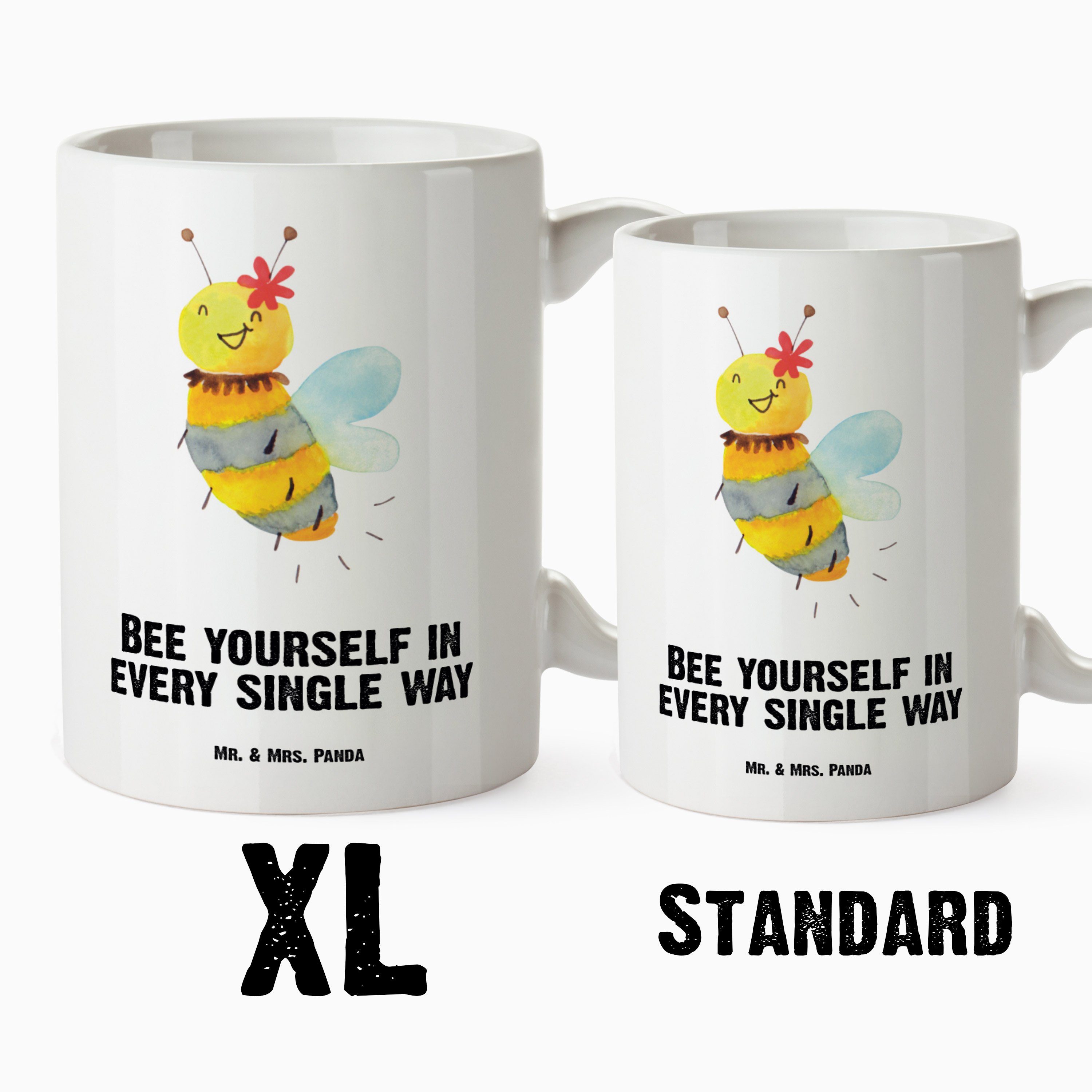 Tasse Geschenk, Panda & Biene Blume - Mrs. Keramik Grosse Tasse - XL Hummel, Tasse, Kaffeetasse, Weiß Mr. XL