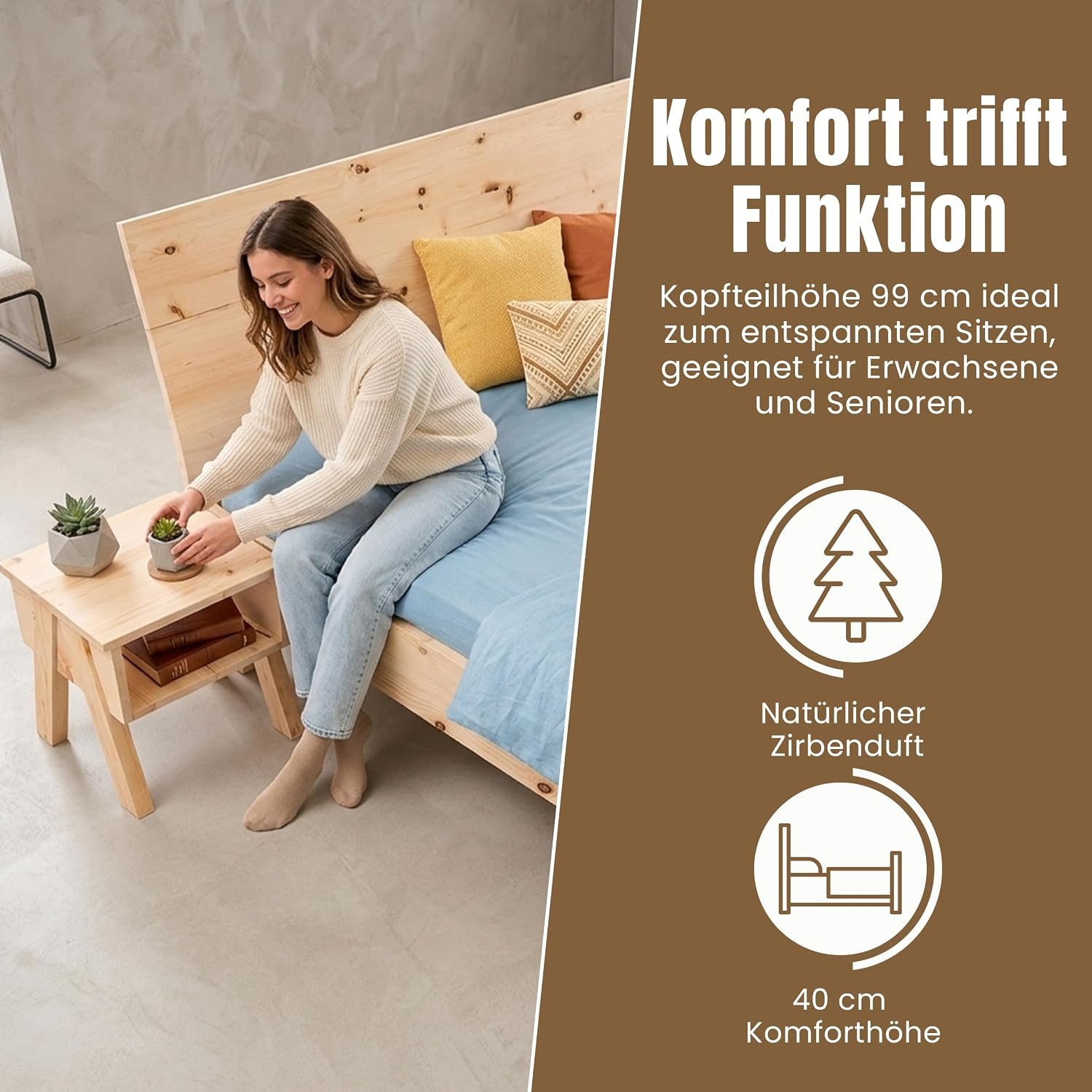 geborgenschlafen Massivholzbett aus Zirbenholz - Zirbenholzbett – modernes Zirbenbett, Metallarme Konstruktion - made in Germany