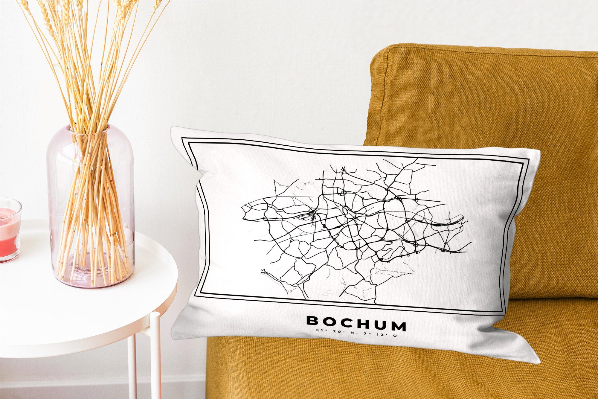 Karte Füllung, - - Deutschland mit Bochum Stadtplan - Dekokissen Schwarz-Weiß Dekoration, Schlafzimmer Karte, Wohzimmer MuchoWow - Dekokissen Zierkissen, -