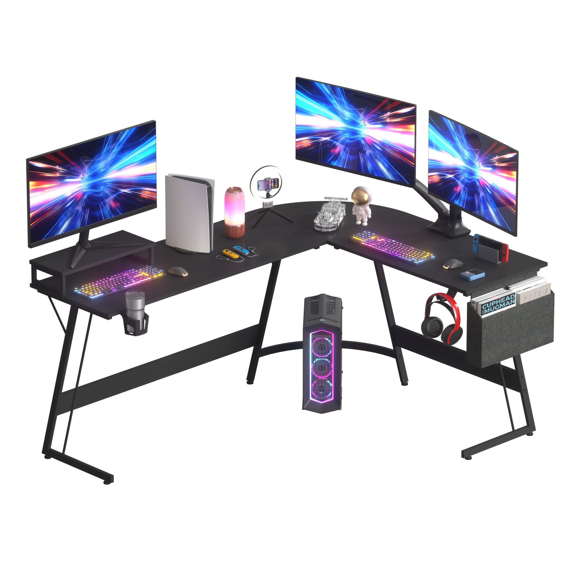 SANODESK Computertisch Gaming Tisch L-Form Schreibtisch Eckschreibtisch (mit Monitorständer, Haken, Getränkehalter, Aufbewahrungstasche, kleiner Tischaufsatz, Schwarzer L-förmiger Schreibtisch, elegant und platzsparend), variante Größe