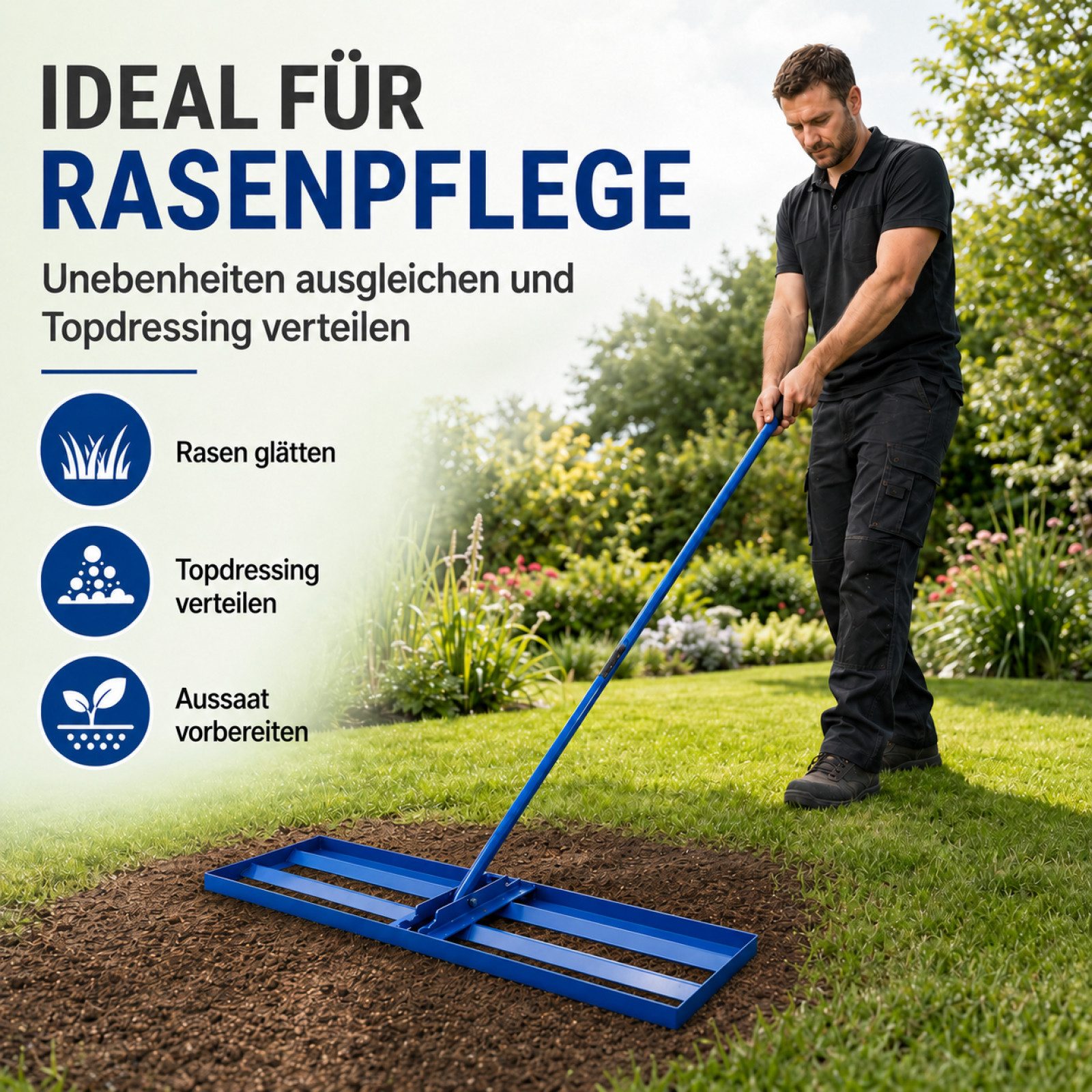 Bituxx Rasenrechen Rasenrakel 91x25 cm, 91 cm Arbeitsbreite, mit 185 cm langem Stiel, (Packung, MS-19336) – Bild 4 von 5