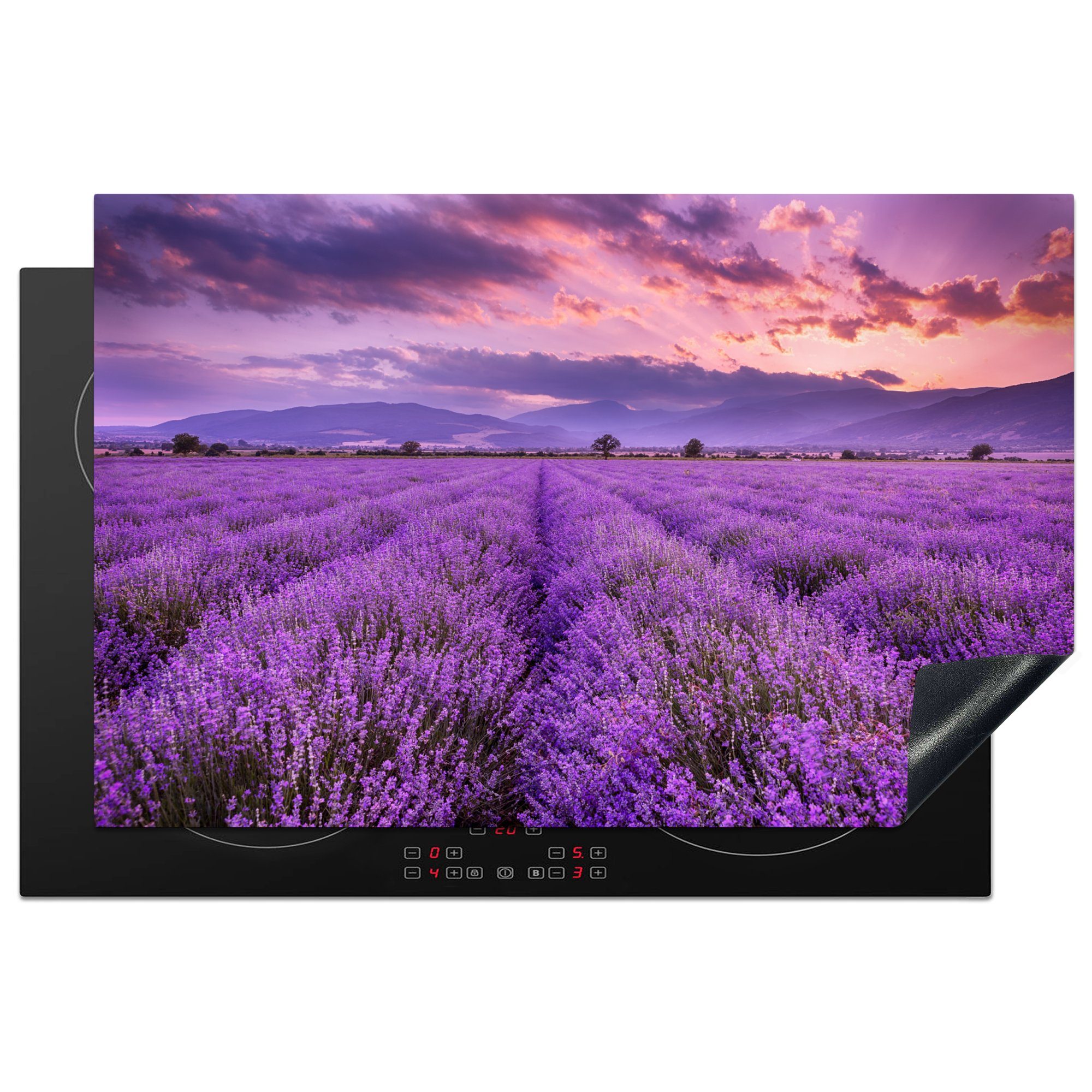 MuchoWow Herdblende-/Abdeckplatte - 81x52 Vinyl, cm, die - Induktionskochfeld Ceranfeldabdeckung Schutz (1 tlg), - Blumen für Lavendel Lila küche, Feld