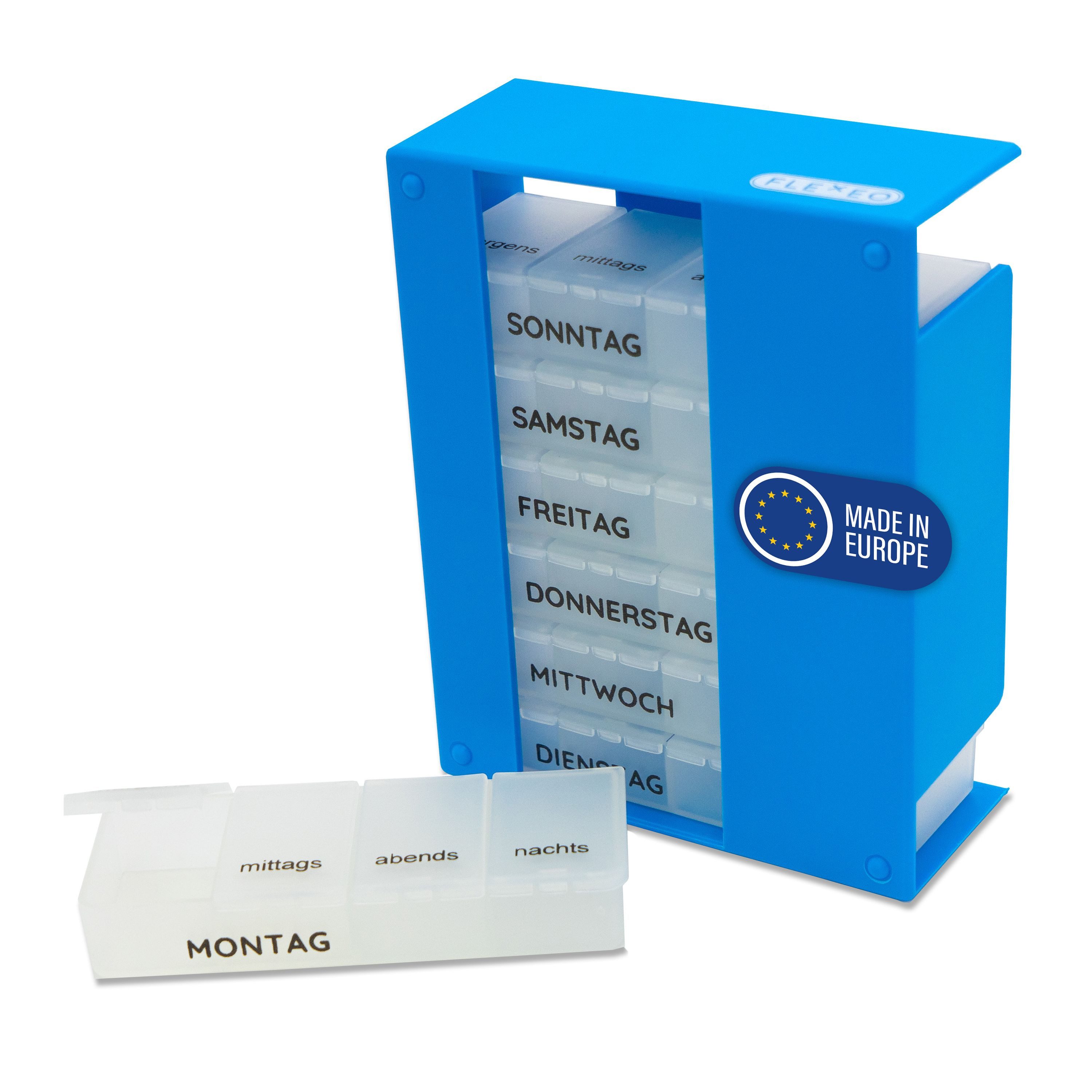FLEXEO Pillendose 7 Tage je 4 Fächer (1 St), Tablettenbox Pillenbox Medikamentenbox, blau