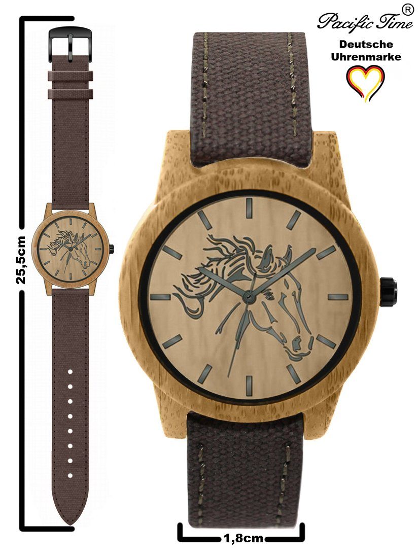 Pacific Time Quarzuhr Damenuhr analog Pferd Holz Canvas Armband, Gratis Versand