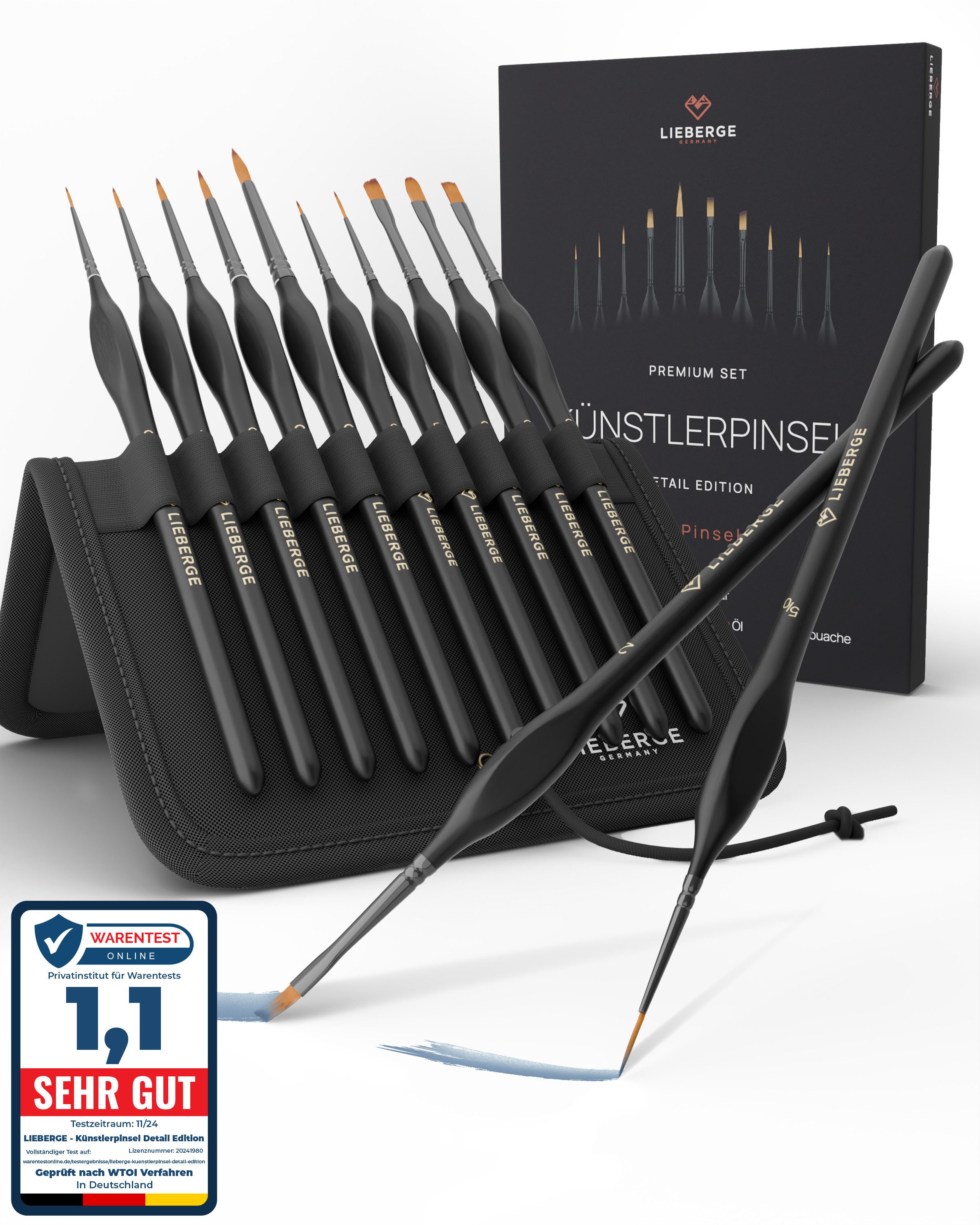 LIEBERGE Malpinsel Premium Set – 10 Detailpinsel für Acryl, Aquarell, inkl. Präsenter, (Set, 10 St., Pinselpräsenter, Flachpinsel, Fächerpinsel, Rundpinsel, Schrägpinsel), Synthetikhaar, vegan, langlabig, hohe Farbaufnahme, Anfänger, Profis