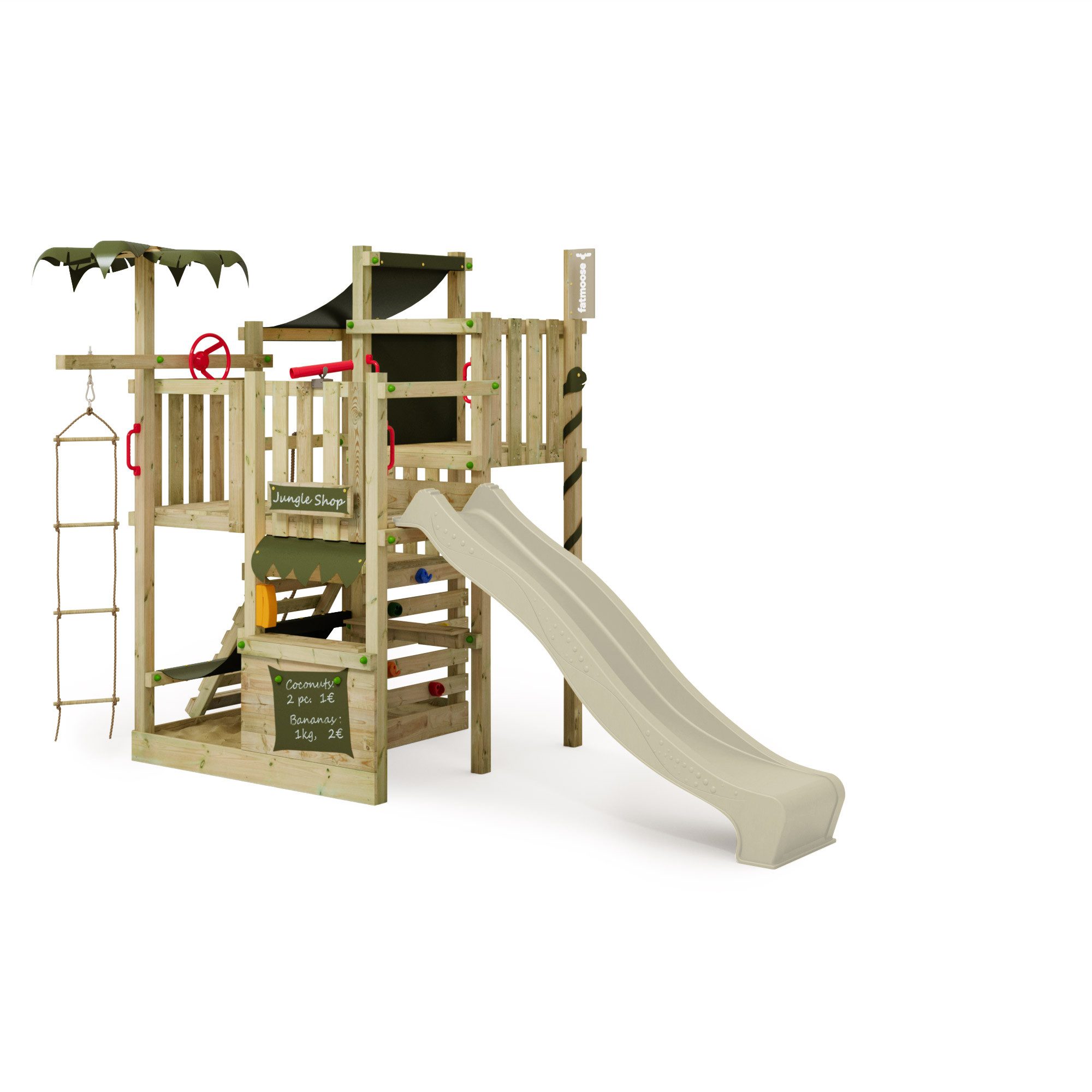 FATMOOSE Klettergerüst CrazyCoconut Club XXL – Strandhaus mit Wellenrutsche & Sandkasten, (Beach-Kletterturm mit Ladentheke, Kletterseil, Strickleiter, Kletterwand, Teleskop & Telefon), extrem witterungsbeständig mit 10 Jahren Garantie*