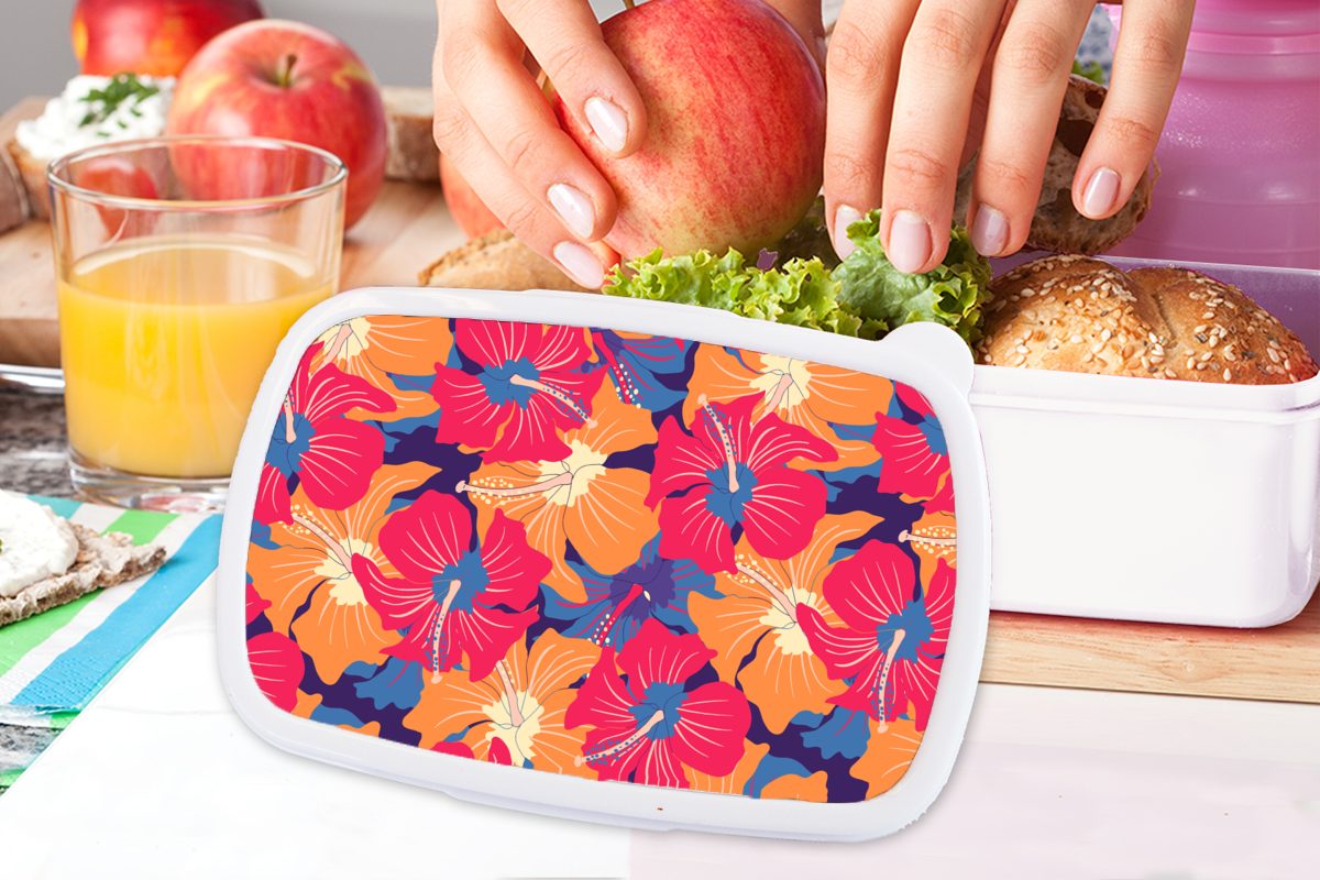 Kunststoff, MuchoWow - Erwachsene, (2-tlg), - Jungs für und Kinder weiß Sommer Blumen - für Mädchen Lunchbox Brotbox Muster, Brotdose, und Hawaii