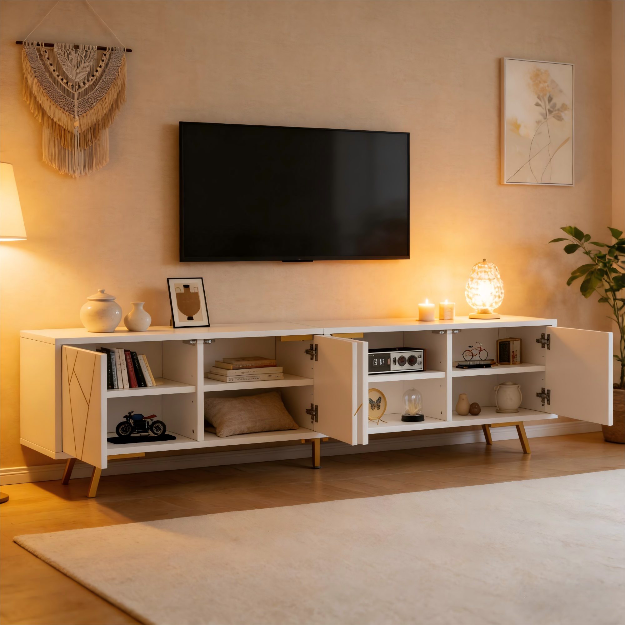 TV-Schrank Fernsehschrank 190x51,5x40 cm, Weiß-Gold