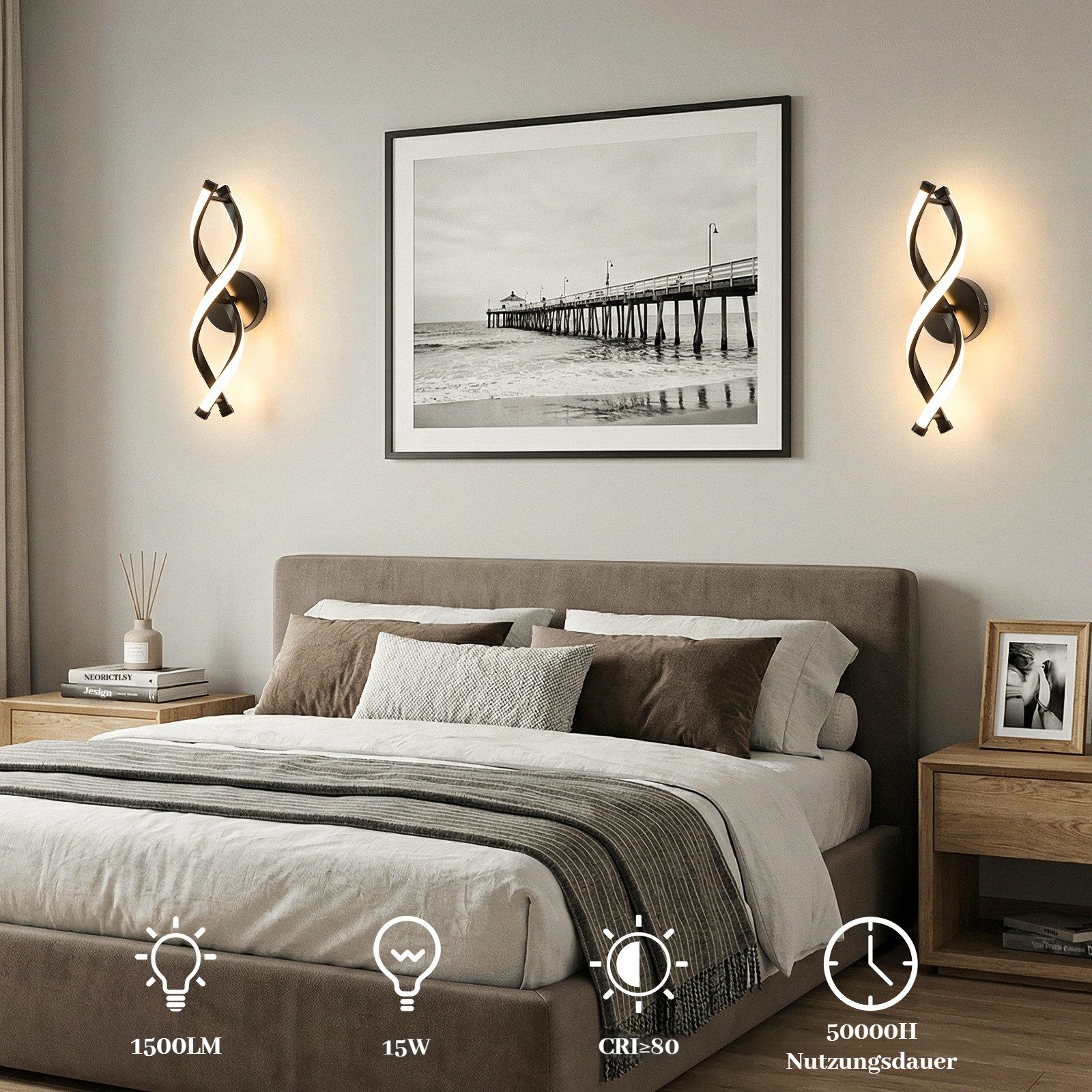 BlingBin LED Wandleuchte Wandlampe Innen 15W 1500LM für Schlafzimmer, Warmweiß, 3000K, LED fest integriert, Warmweiß, gebogene Design Wandlicht für Wohnzimmer Treppenhaus Flur