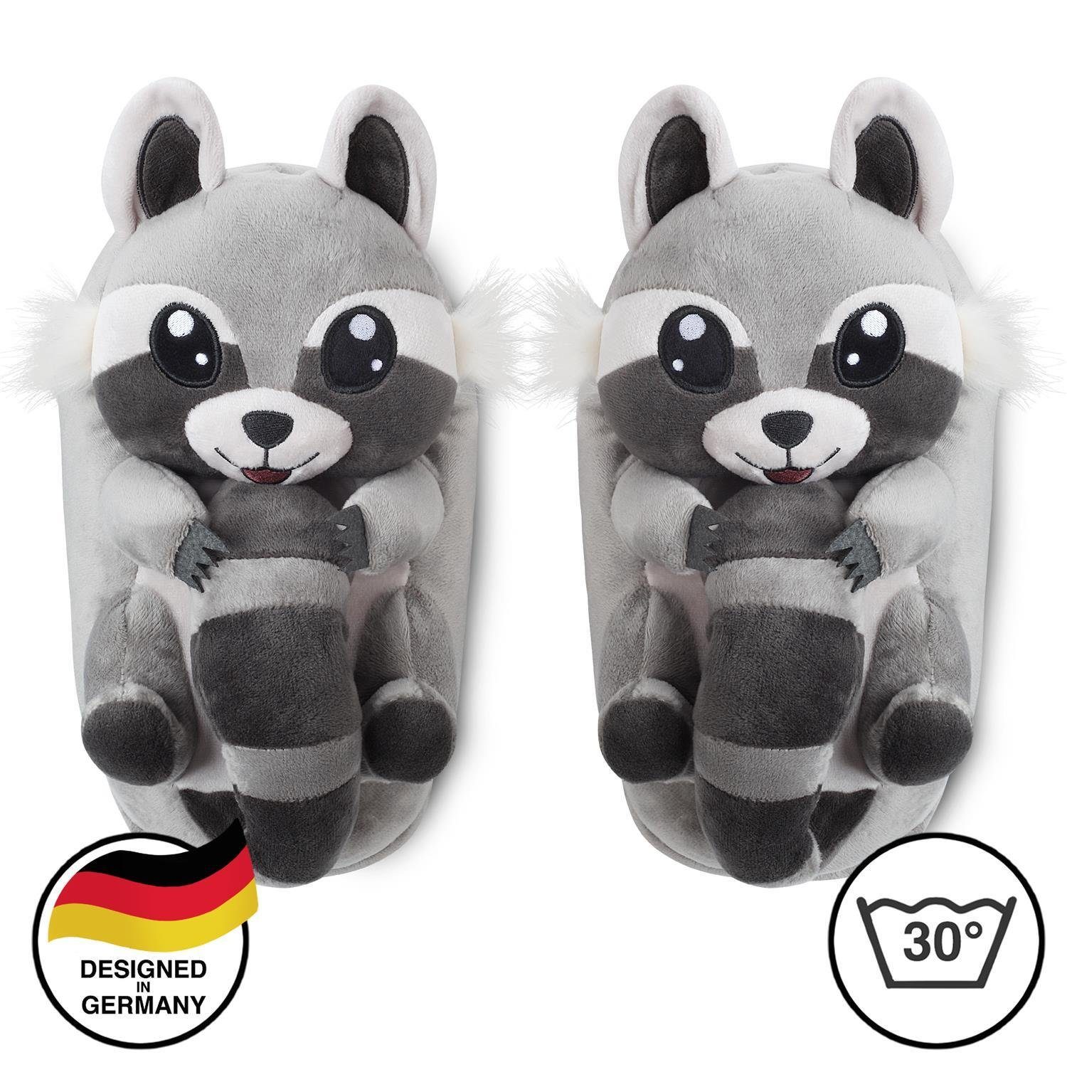 Corimori Tier Pantoffeln für Kinder Einheitsgröße 25-33,5 cm Plüsch Hausschuhe Hund, Hase, Fuchs, Drache, Einhorn, Faultier, Koala, Pinguin uvm "Lina" der Waschbär (grau/weiß)