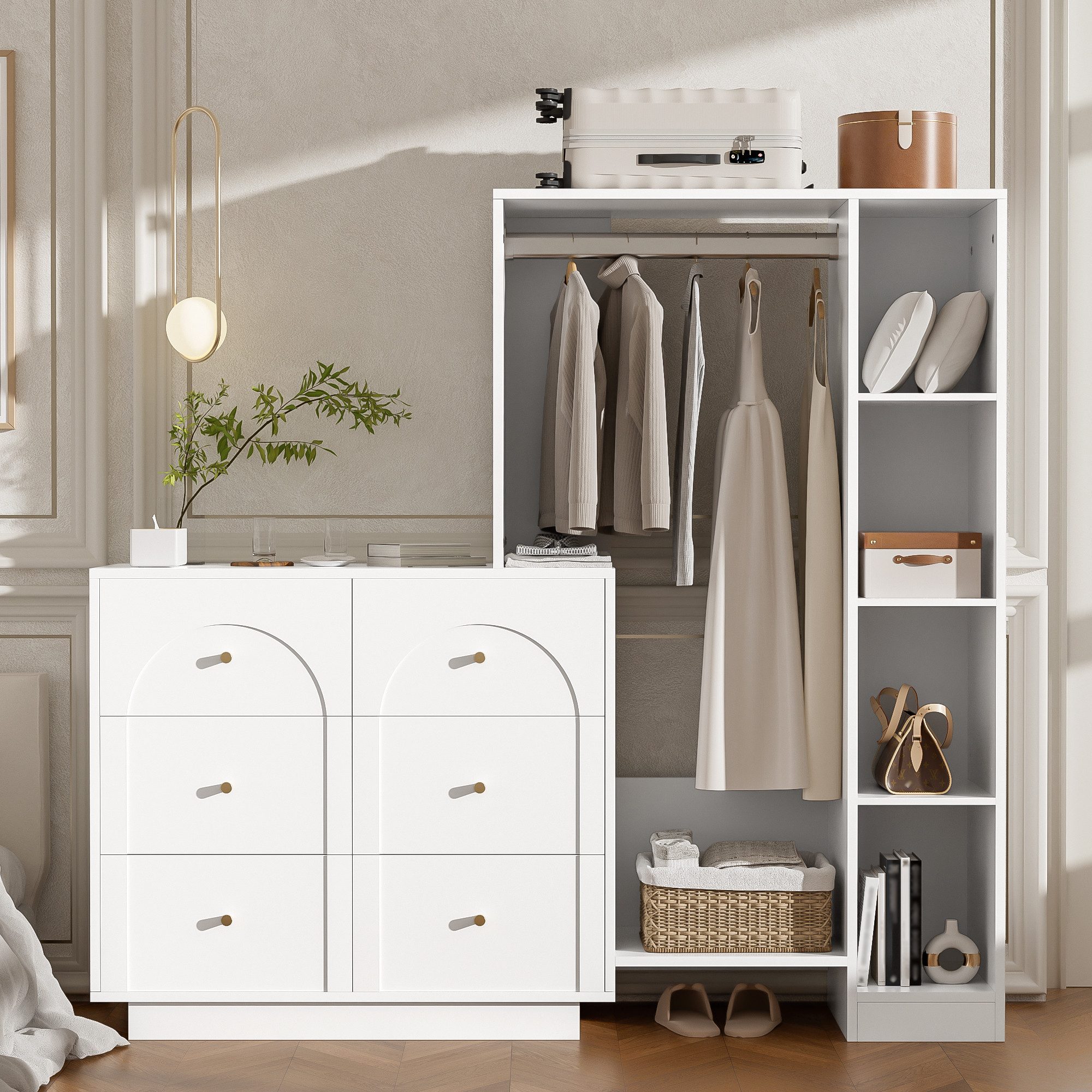 Flieks Garderoben-Set Garderobenständer Kleiderschrank & Kommode mit 6 Schubladen, (B139xT35xH133 cm, mit verstellbaren Einlegeböden), Kompaktgarderobe Garderobenschrank Kleiderstange Flurmöbel Weiß