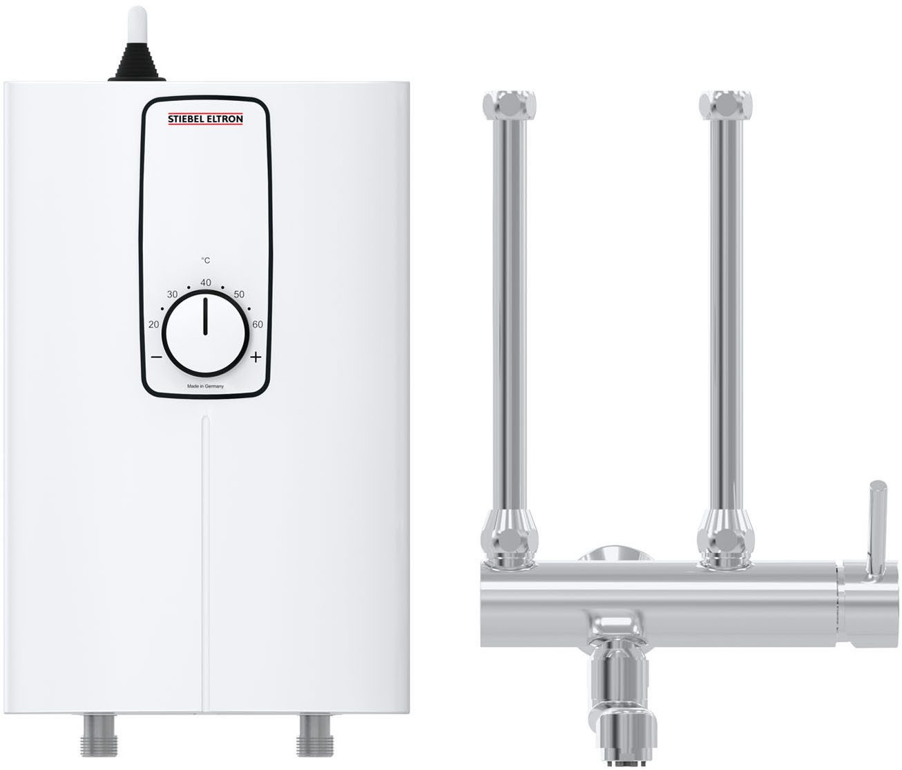 STIEBEL ELTRON Kompakt-Durchlauferhitzer DCE 11/13 H, min. 35 °C, Set, 3i Technologie für konstante Warmwassertemperatur, inkl. MEKD Armatur