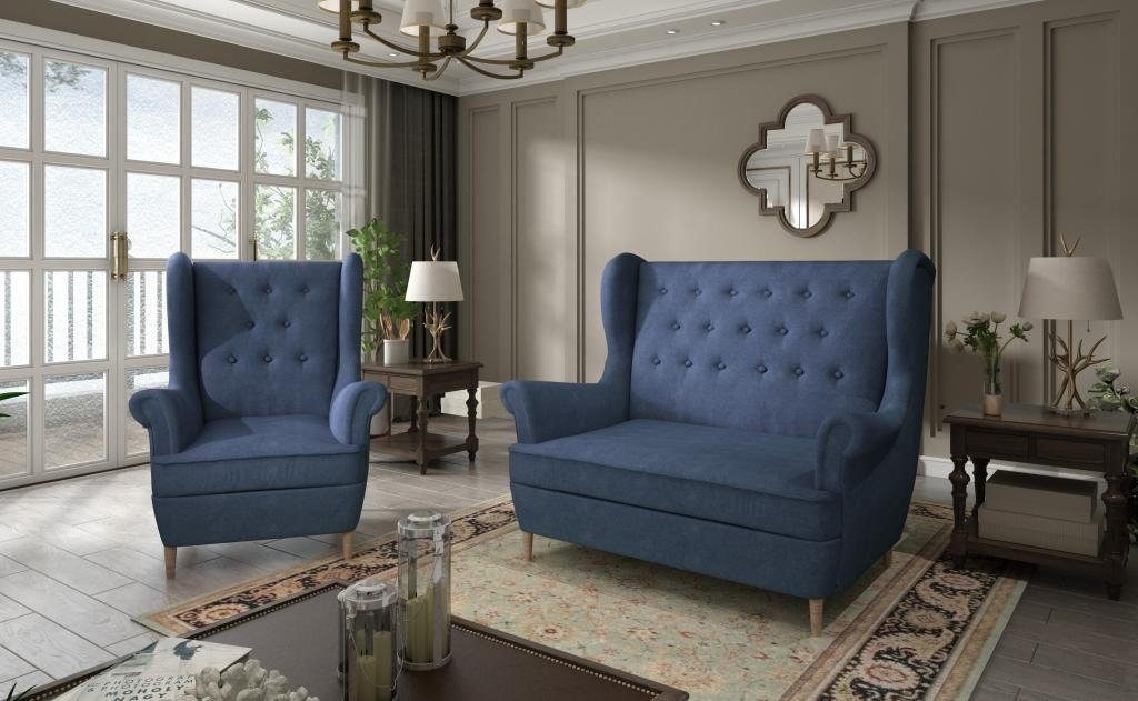 JVmoebel Wohnzimmer-Set Graue Stoff Chesterfield Sofagarnitur 2+1 Sitzer Sofa Couch Polster Blau