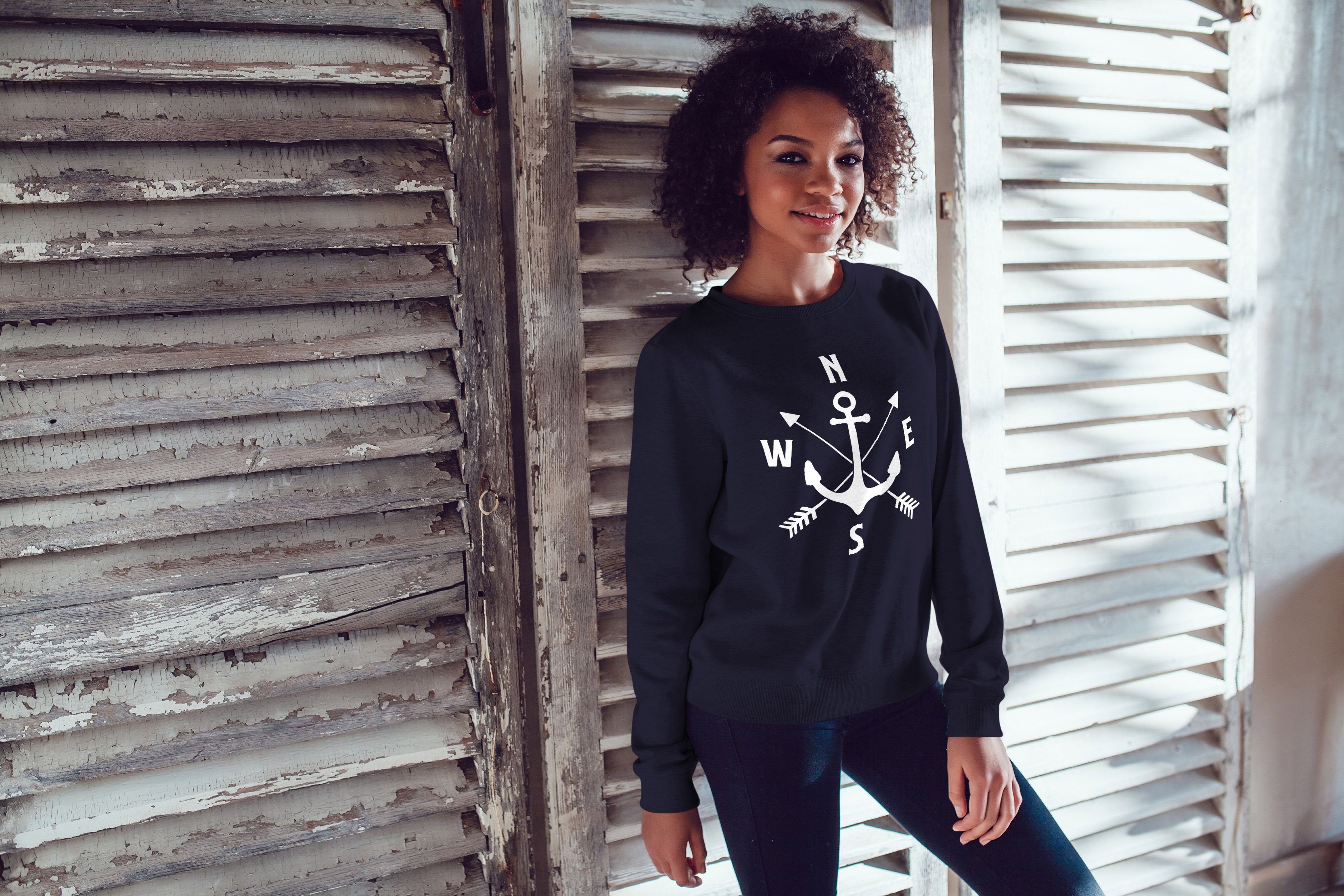 MoonWorks Sweatshirt Sweatshirt Damen Aufdruck Motiv Anker Kompass Pfeile R günstig online kaufen