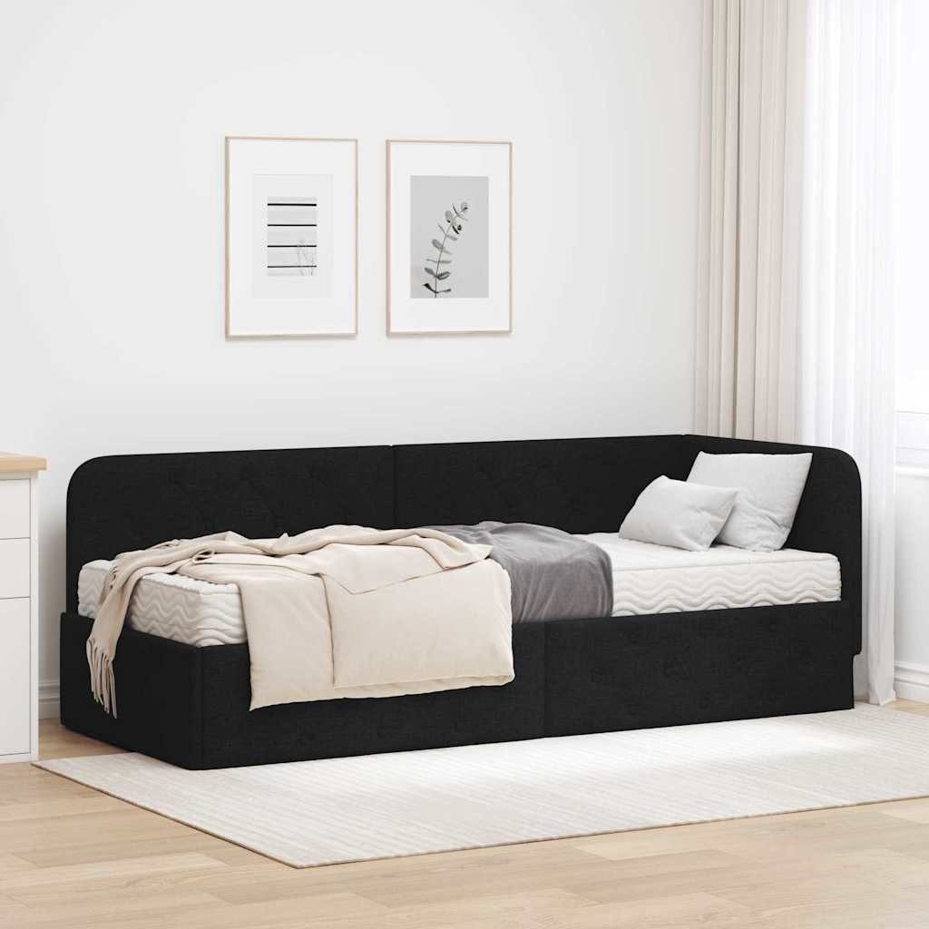 furnicato Daybed Eckbettgestell 80 x 200 cm Schwarz, Umkehrbares Kopfteil Tagesbett mit Schaumstoffmatratze für Gästezimmer
