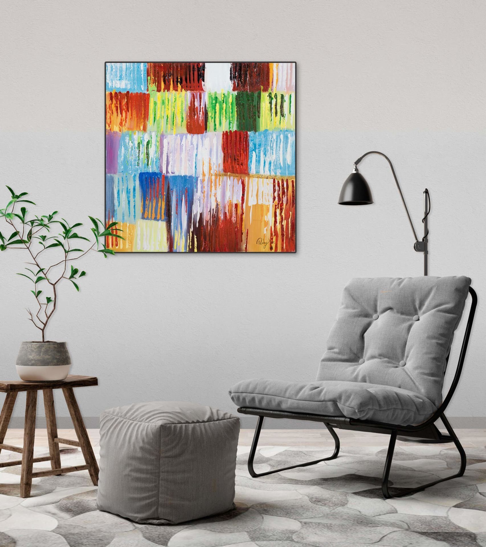 HANDGEMALT Leinwandbild 100% Gemälde Rainbow Wandbild Wohnzimmer Vibes KUNSTLOFT 60x60 cm,