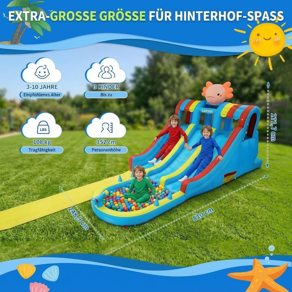 GarveeMore Hüpfburg Mit Wasserrutsche,Hüpfburg Outdoor Hüpfburg Mit Gebläse, Aufblasbare Wasserrutsche mit Kletterwand & Wasserkanonen,für Outdoor