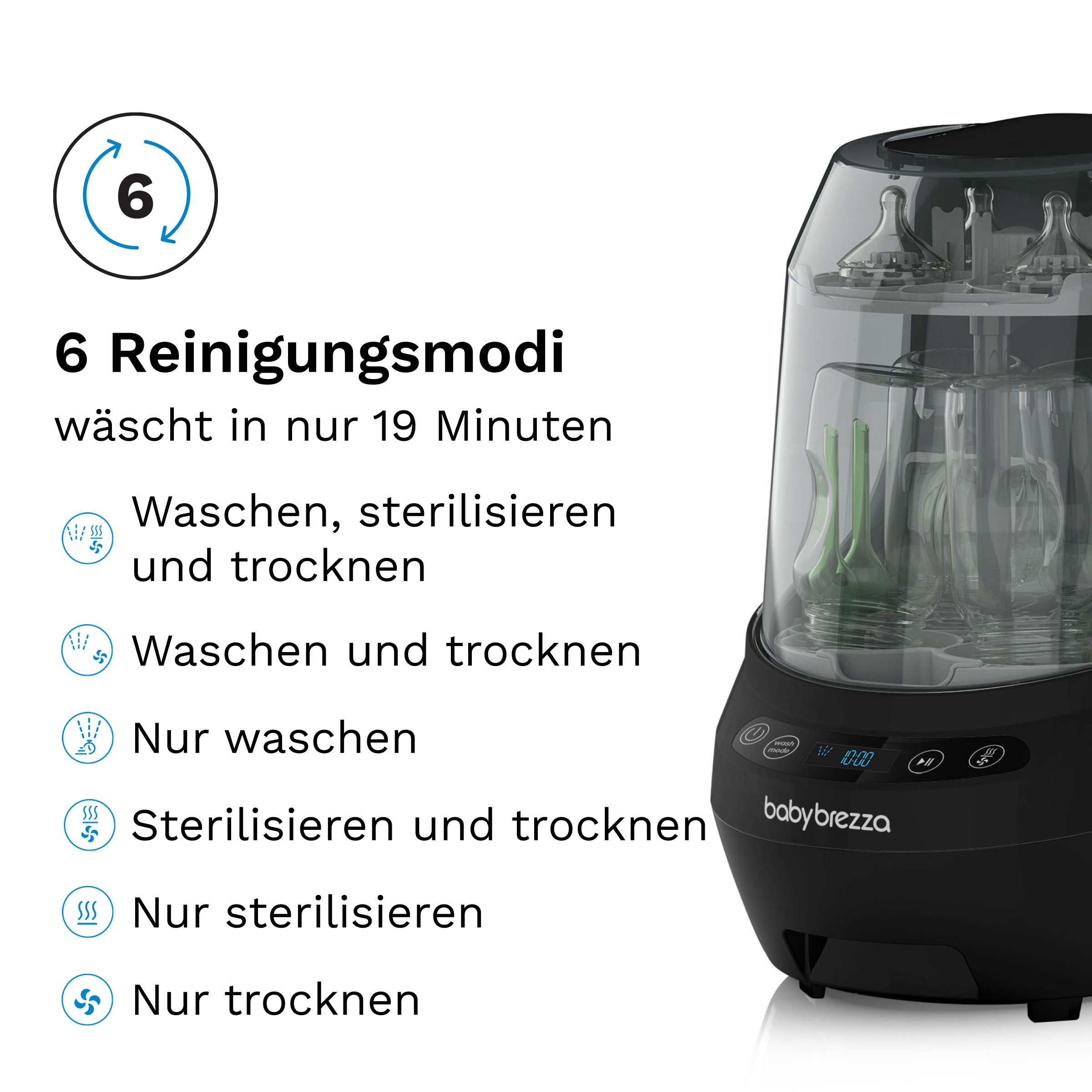 Baby Brezza Wassersterilisiergerät Bottle Washer Pro mit Strohhalm-Reinigungs-Einsatz, All in One - Waschen, Sterilisieren, Trocknen