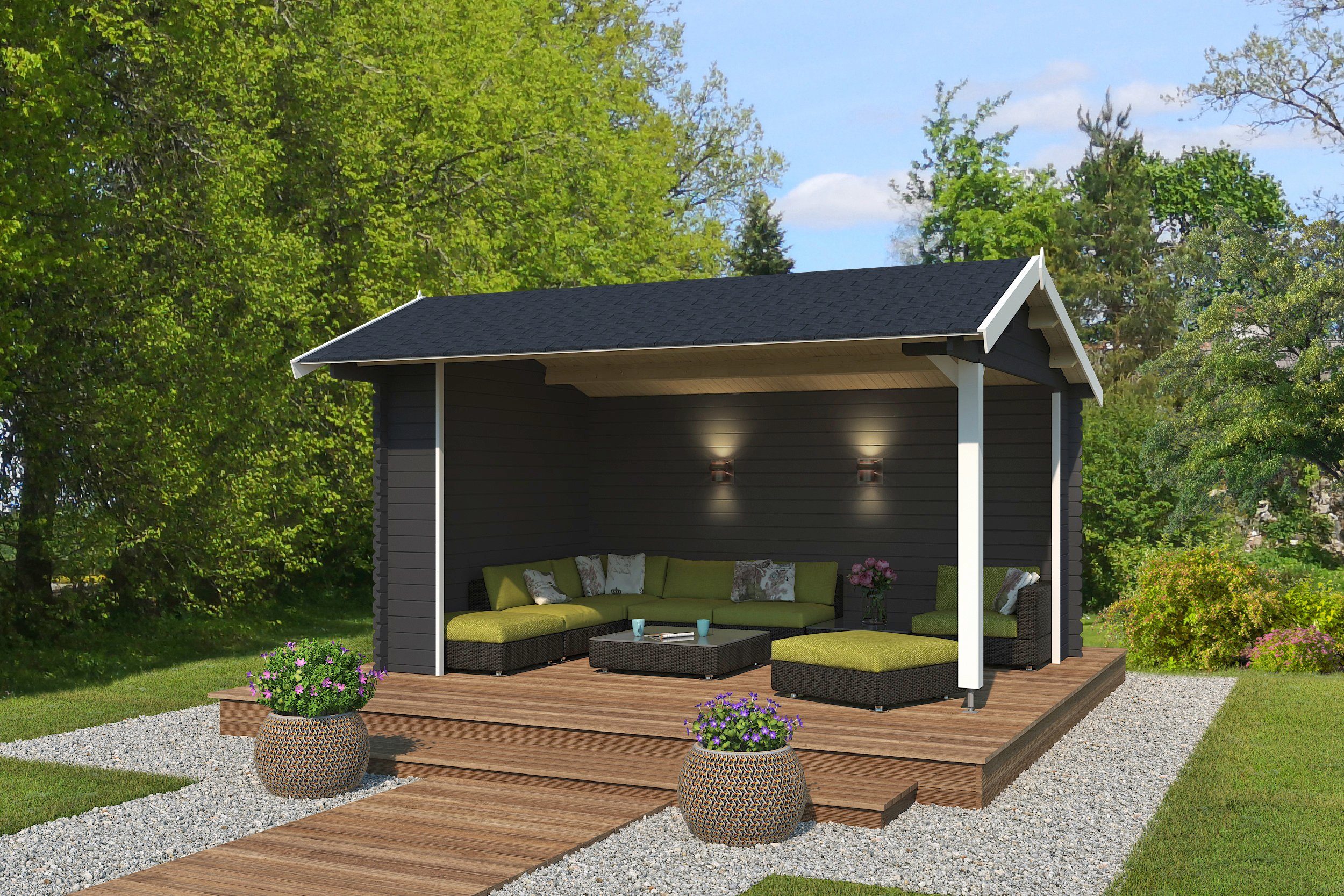 LASITA MAJA Gartenhaus Unterstand/Lounge San Diego, BxT: 445x389 cm, Unterstand / Lounge 34mm, Fundamentmass 4250x3000, Carbongrau