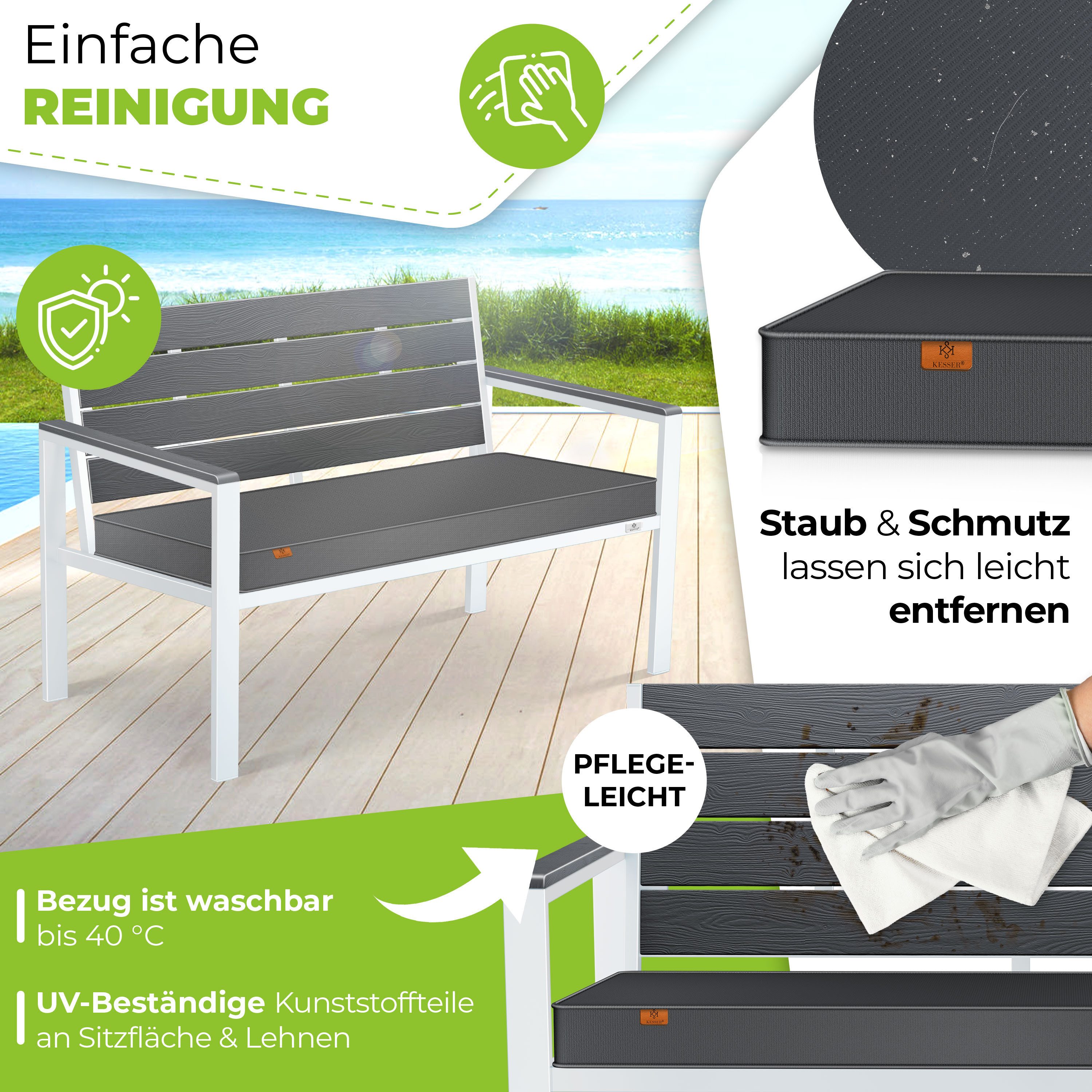 KESSER Gartenbank 2-Sitzer Balkonbank in Holzoptik bis 300 kg belastbar (Parkbank inkl. abnehmbarem & waschbarem Sitzpolster & Montagezubehör), UV-beständige Sitzbank für Garten, Terrasse & Balkon