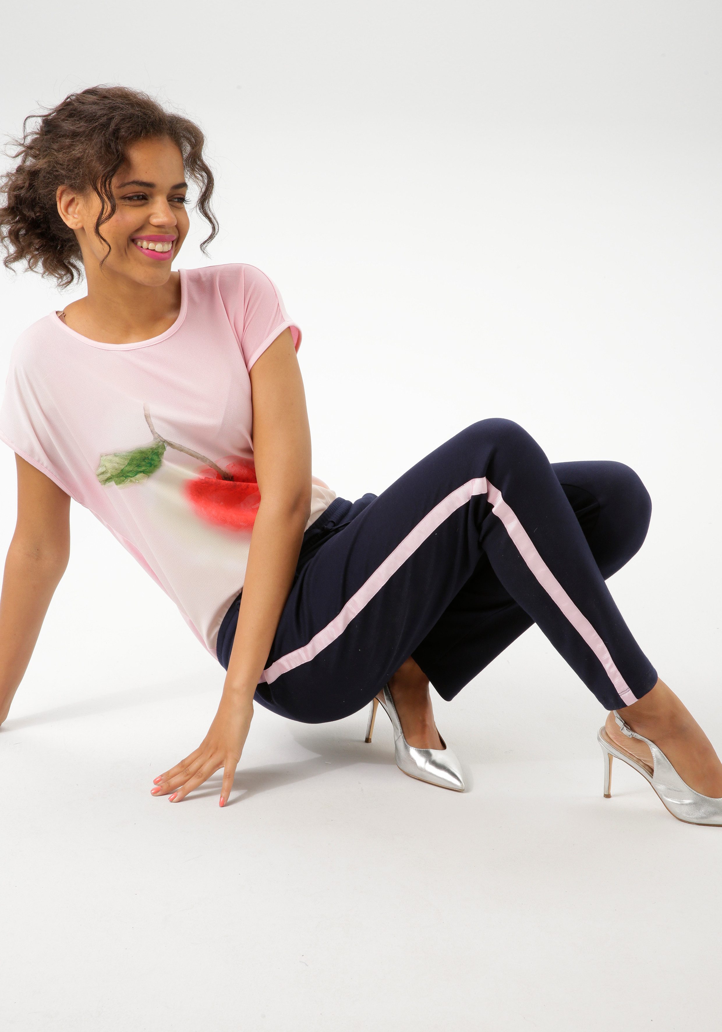 Aniston CASUAL pull-on trousers with pink tape on the side seams