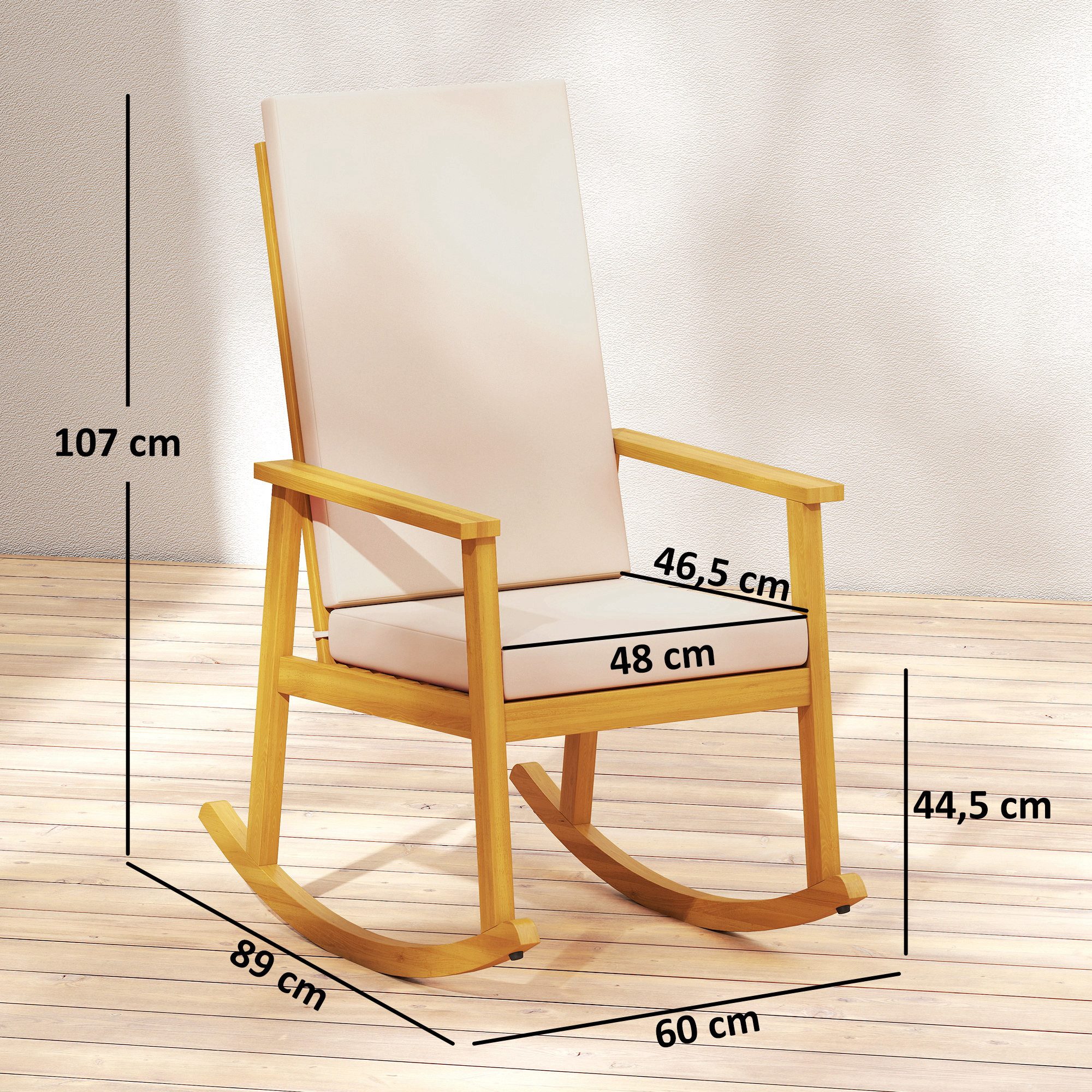 Outsunny Schaukelstuhl mit hoher Rückenlehne, Kissen (Schaukelsessel, 1 St), für Garten Balkon Hof Terrasse 60 x 89 x 107 cm Beige