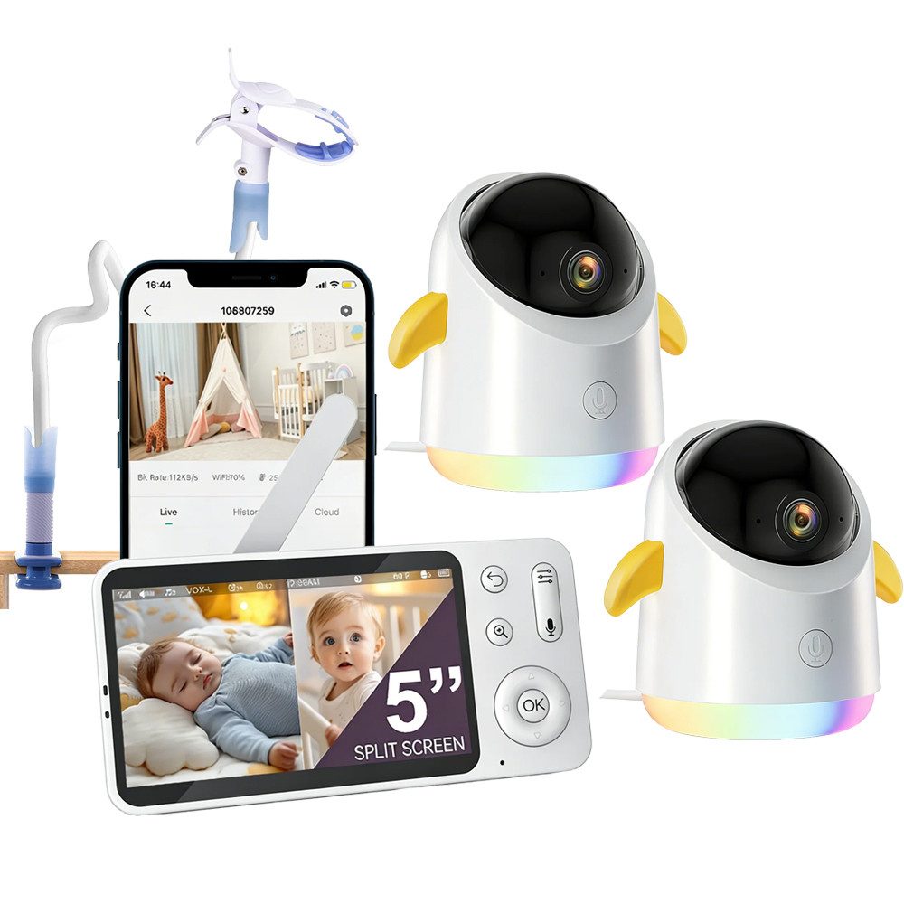 Boifun Video-Babyphone Babyphone mit 2 Kameras App Split-Screen-Anzeige, 2K HD Bild, PTZ 355°/60°, 4×Zoom, Automatische Verfolgung, 1-tlg., Weinen/Bewegungs/Geräuscherkennung, Temperatur, Loop-Nachtlicht ausgestattet,14 Schlaflieder