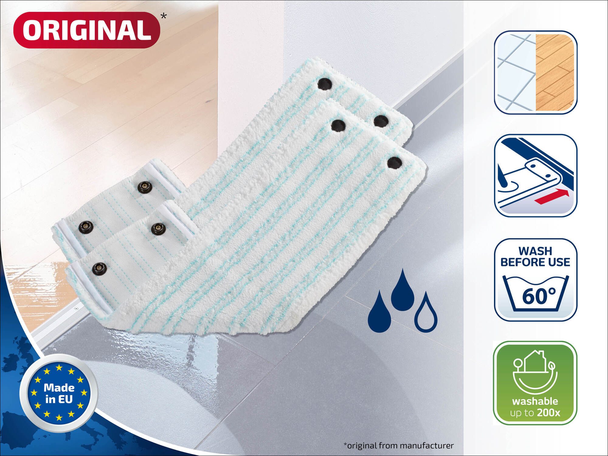 Leifheit Bundle Wischbezug CLEAN TWIST M / Combi M micro duo (2er Set) Wischbezug (Mikrofaser, 14.0x42.0 cm, 2-tlg., Waschbar bei 60°C, Wischbreite 33cm, für alle glatten Böden)