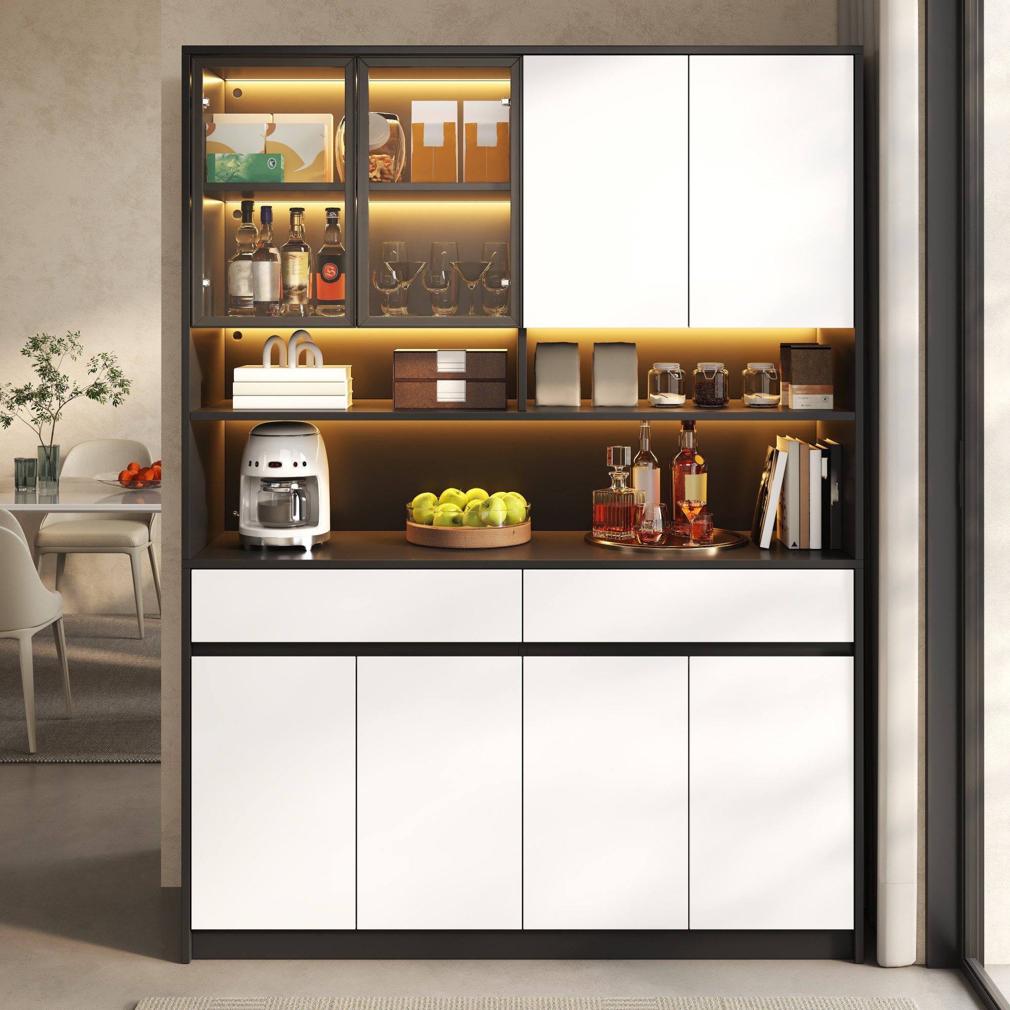 BlingBin Küchenbuffet Küchenschrank Buffetschrank mit Vitrine, LED-Beleuchtung 120x38x160 cm (3 Packung, 1-St., 2 Glastüren,6 geschlossenen Türen,2 Schubladen, 2 offenen Ablageebenen) Hochschrank,mit beleuchteter Glasvitrine und großem Stauraum