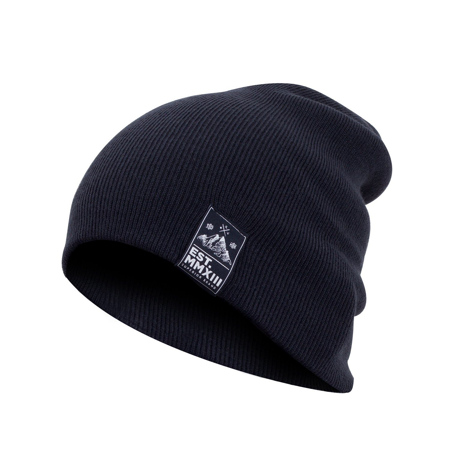 Manufaktur13 Beanie Slouch Beanie - Long Beanie, Mütze, lang, Strickmütze mit Echt-Leder/Stick Veredelung