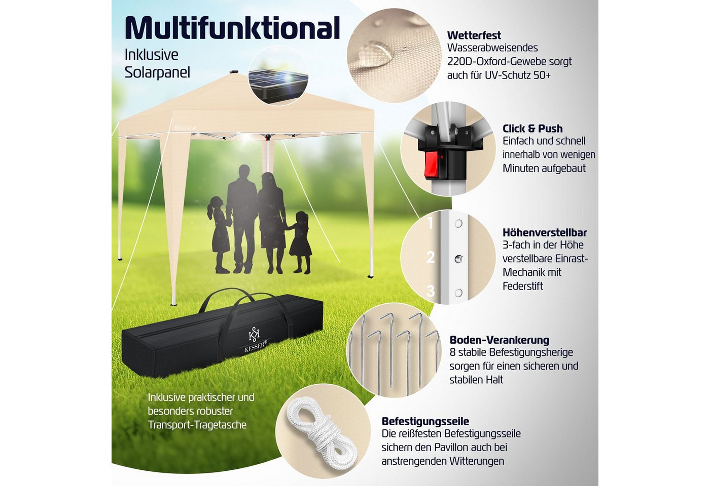 Thumbnail - KESSER Pavillon, Faltpavillon 3x3m mit LED Beleuchtung Solar Fernbedienung